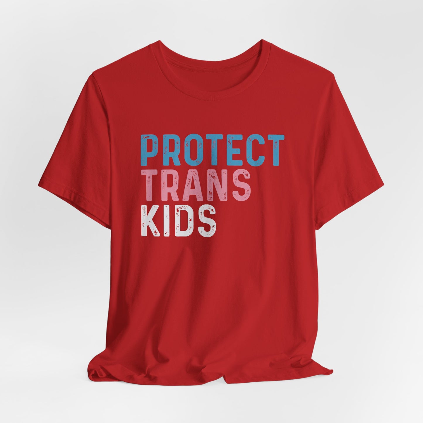 Red t-shirt with 'PROTECT TRANS KIDS' text on a white background LGBTQIA+, Queer, Trans rights