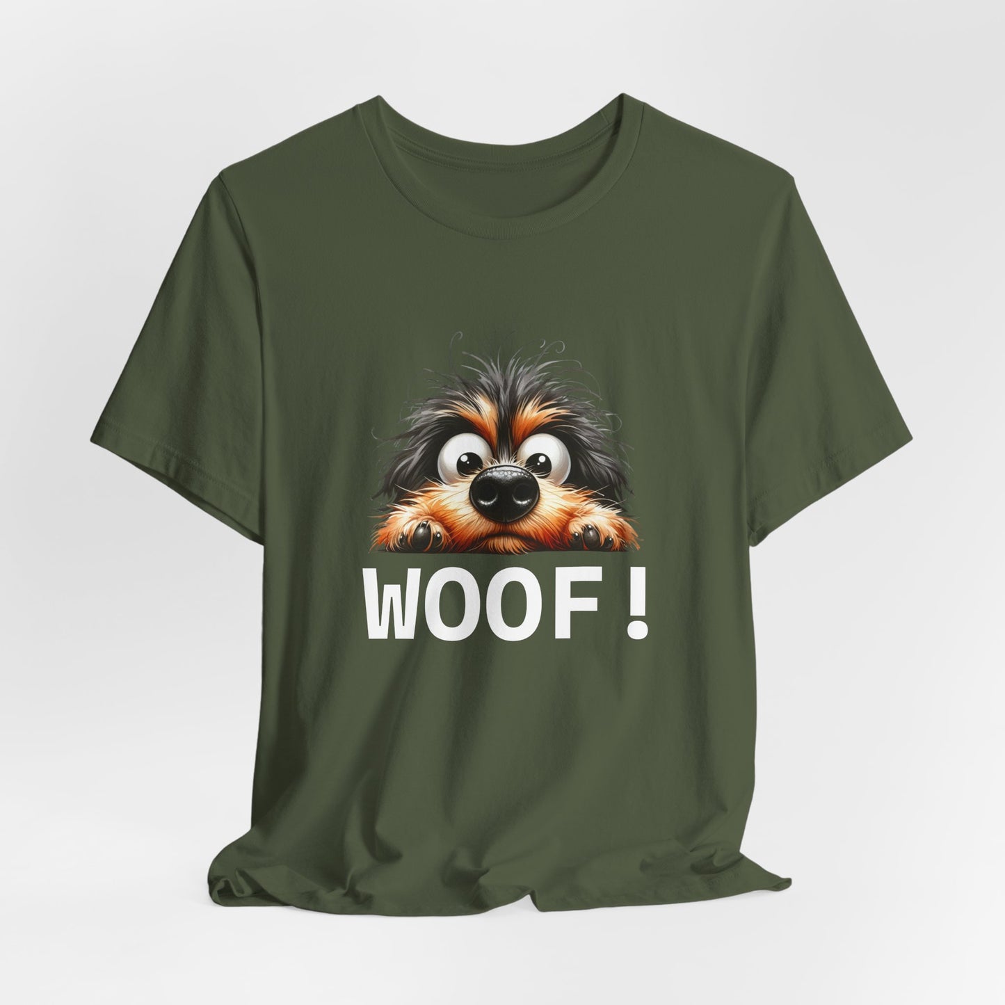Green t-shirt with a cartoon dog and 'WOOF!' text on a white background