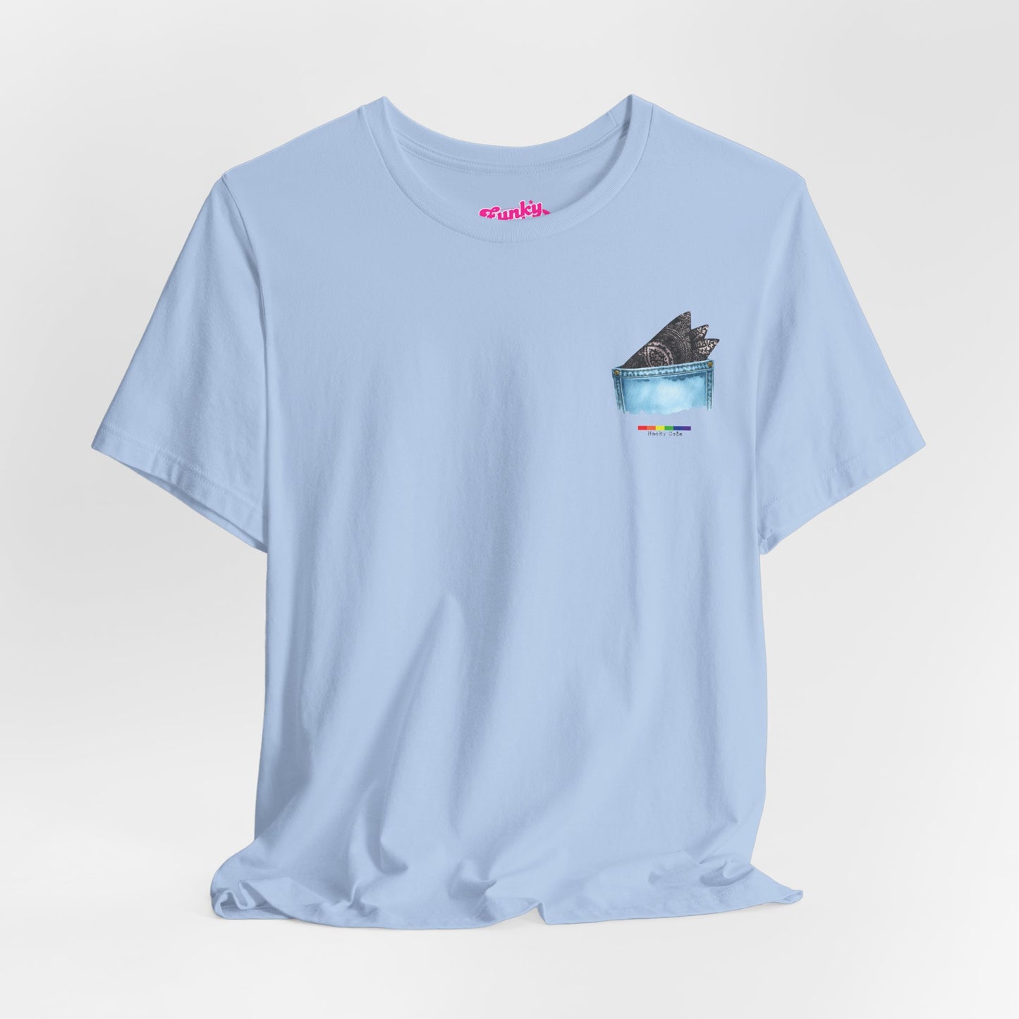 Baby Blue t-shirt with a small graphic of a pocket with a paisley print hanky tucked inside. it features the LGBT rainbow colours and the words Hanky Code