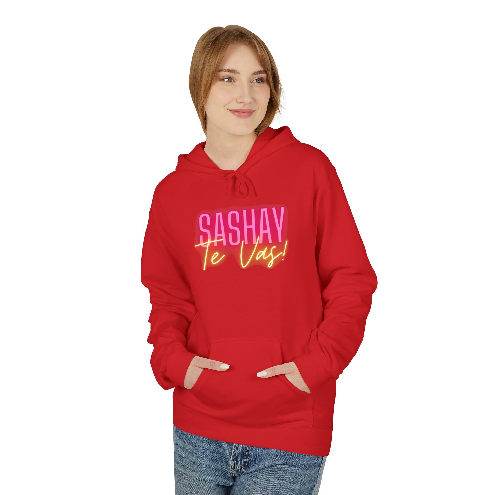 Person wearing a red hoodie with 'SASHAY Te Vas!' text on a white background  Drag Race Espana, Drag Race Spain, Rupaul's drag race, Drag queens, LGBT, Queer culture