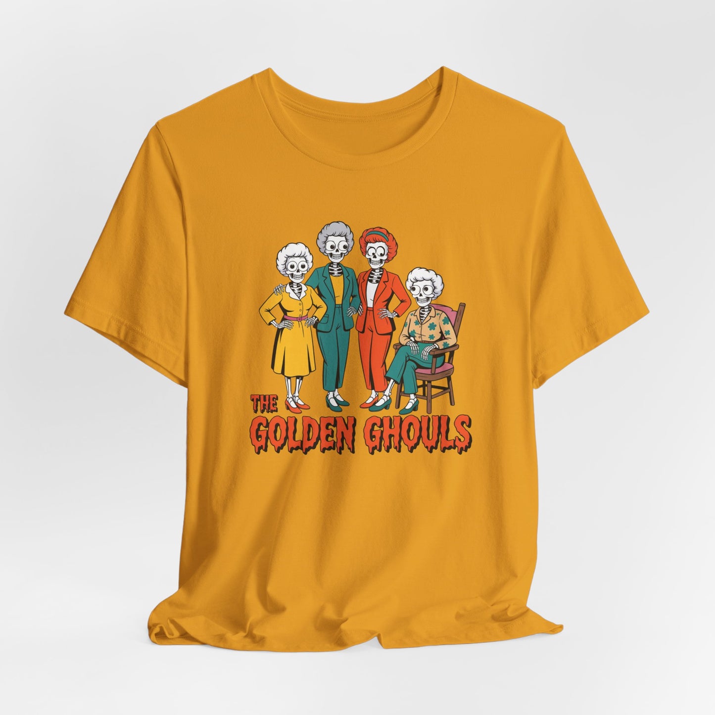 Yellow t-shirt with 'The Golden Ghouls' graphic design on a white background   Golden Girls, 80s TV, Halloween Tees