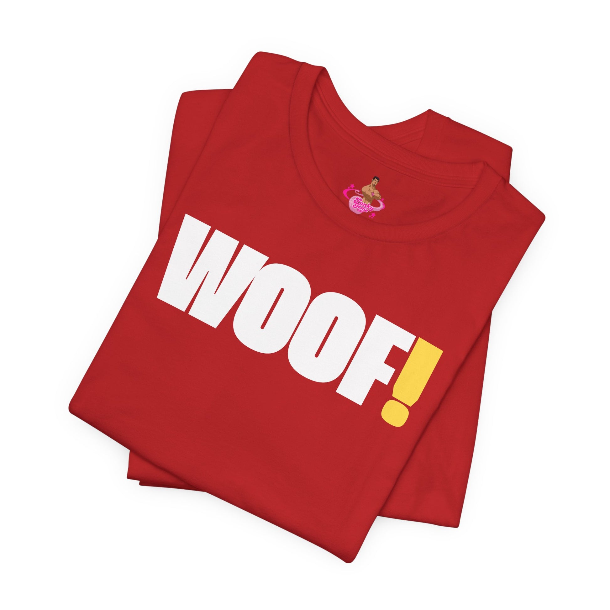 Man wearing a black t-shirt with 'WOOF!' text against a dark background LGBTQIA+ QUEER, Kink Positive