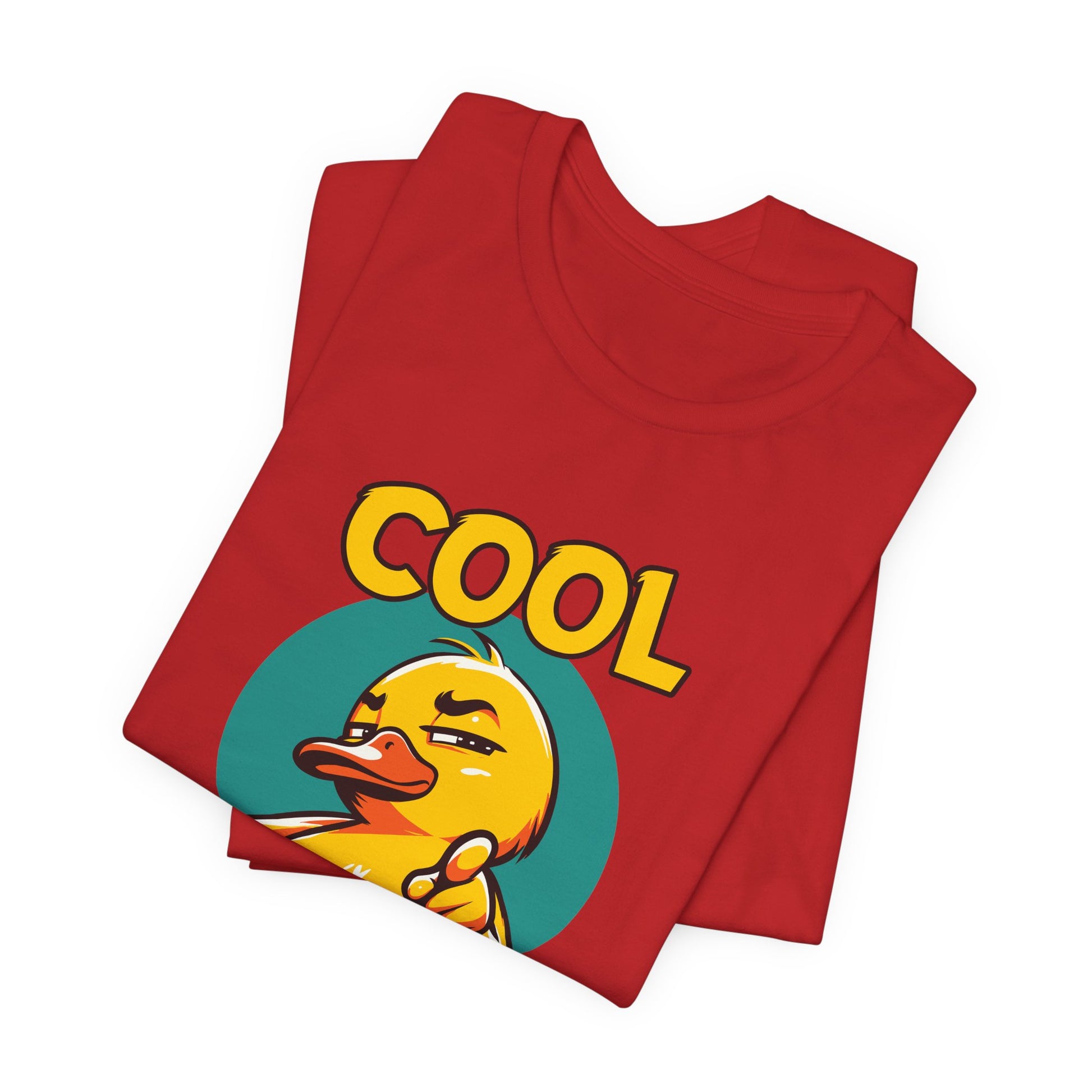 Red t-shirt with a yellow duck and 'COOL' text on a white background