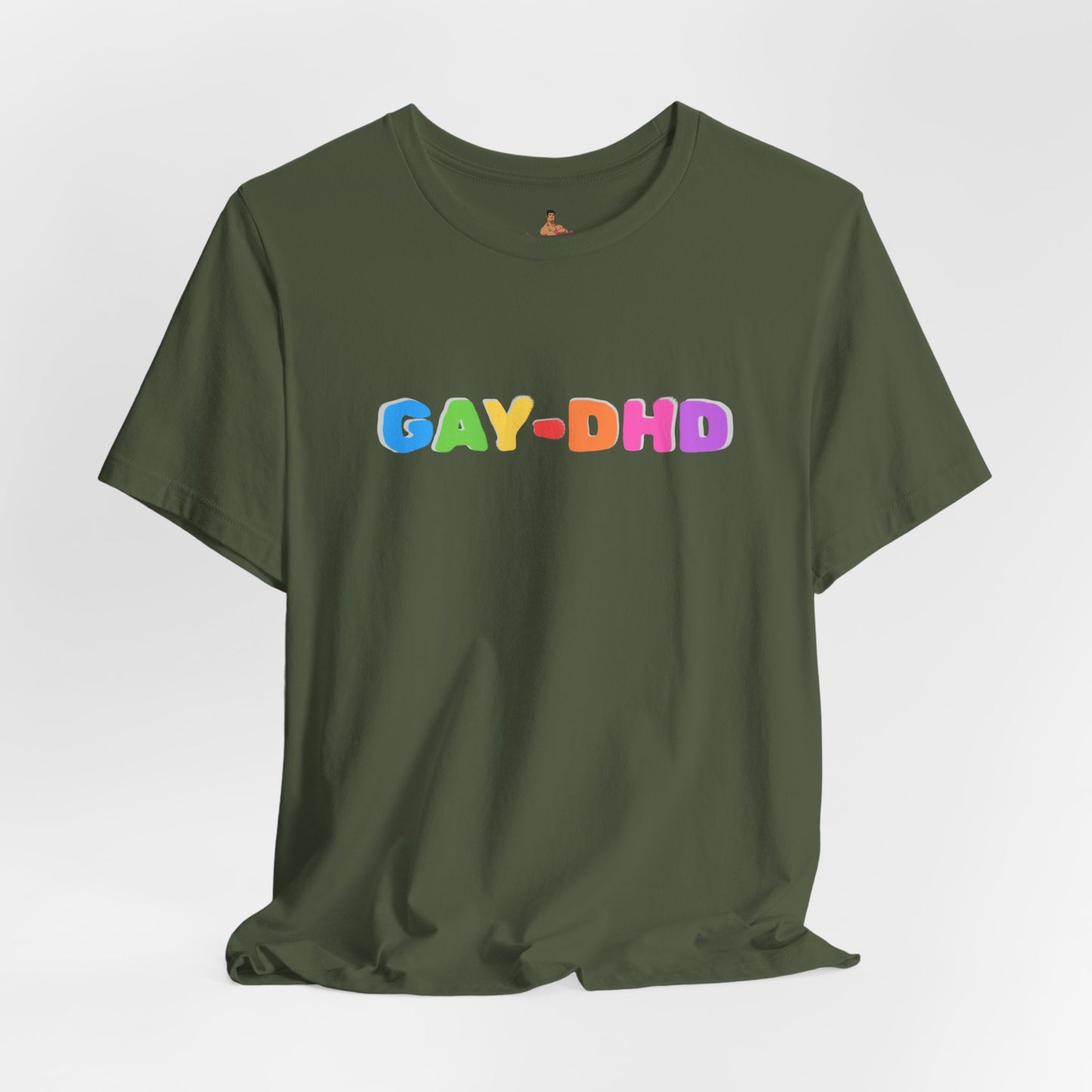 Green t-shirt with colorful 'GAY-DHD' text on a light gray background