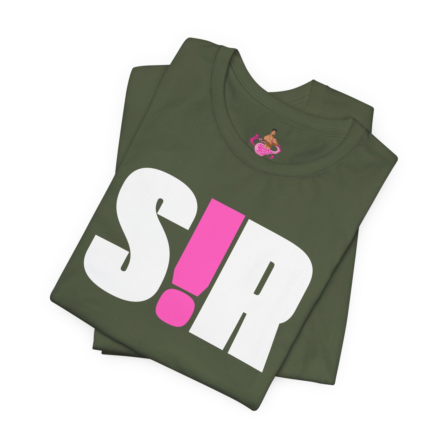Folded green t-shirt with 'SIR' print on a white background Kink, LGBTQIA+, Queer Sub Dom