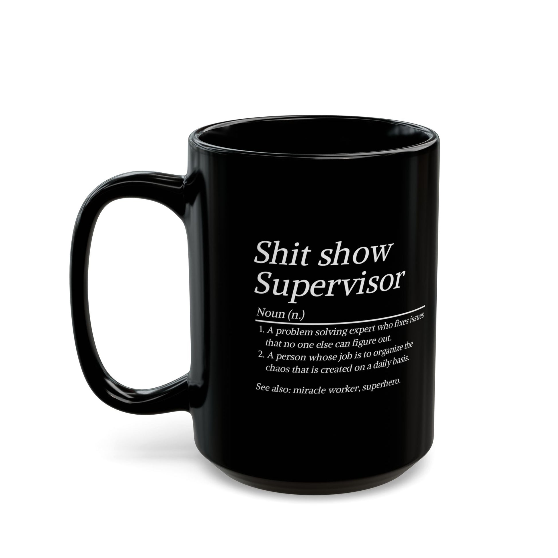 Black mug with text on a white background