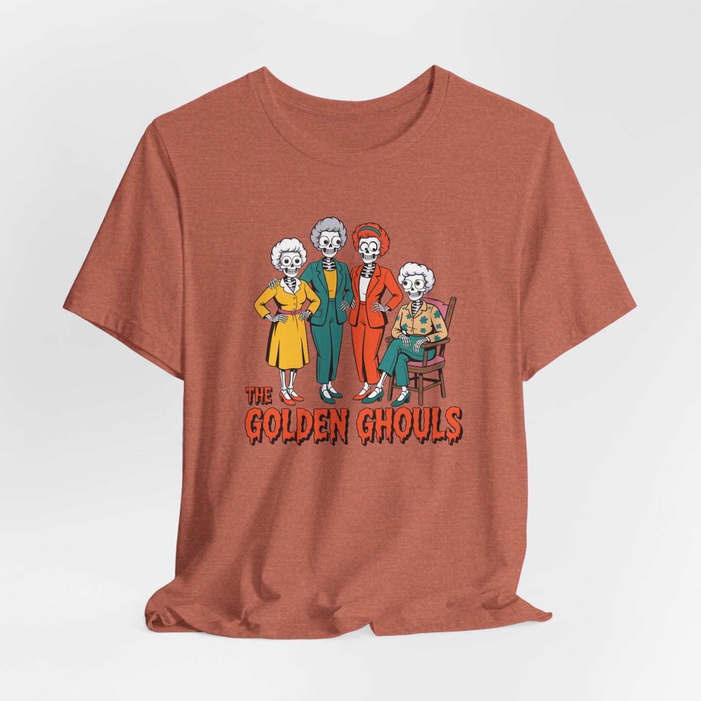 T-shirt with 'The Golden Ghouls' graphic design on a white background   Golden Girls, 80s TV, Halloween Tees