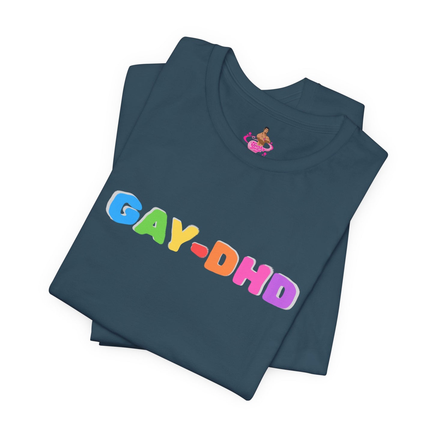 Folded blue t-shirt with 'GAY-DHD' in colorful letters on a white background