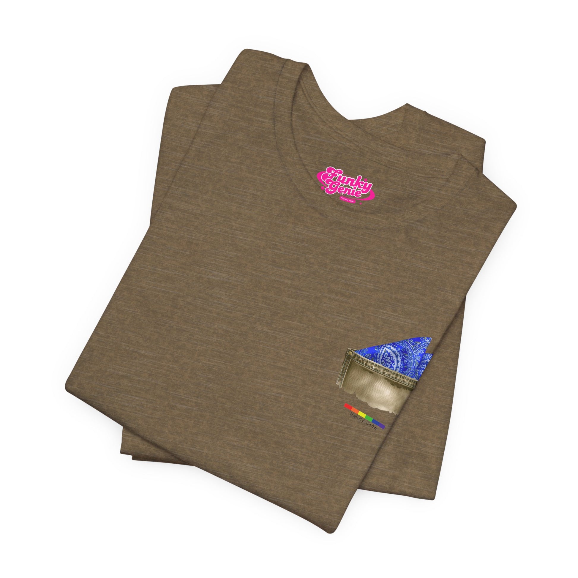 Olive Green t-shirt with a small graphic of a pocket with a paisley print hanky tucked inside. it features the LGBT rainbow colours and the words Hanky Code