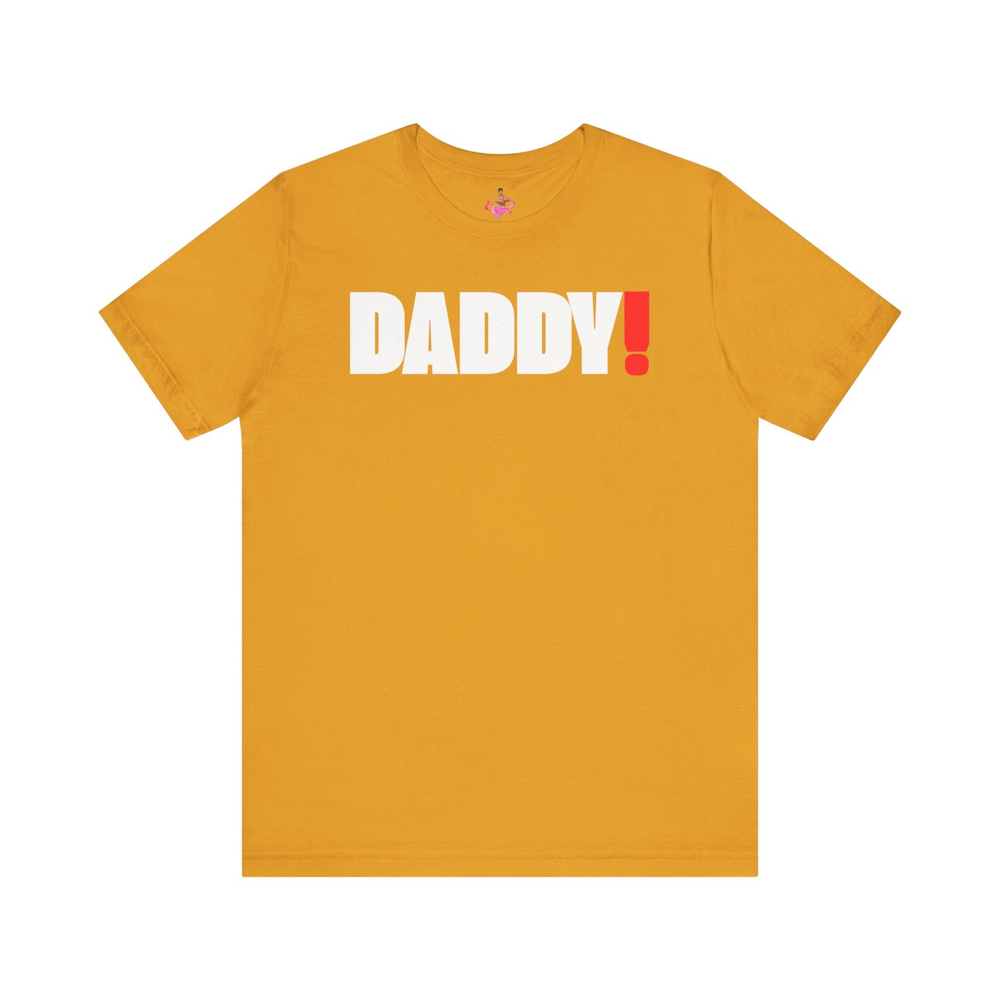 Man wearing a black t-shirt with 'DADDY!' text against a dark background LGBTQIA+ Kink Positive