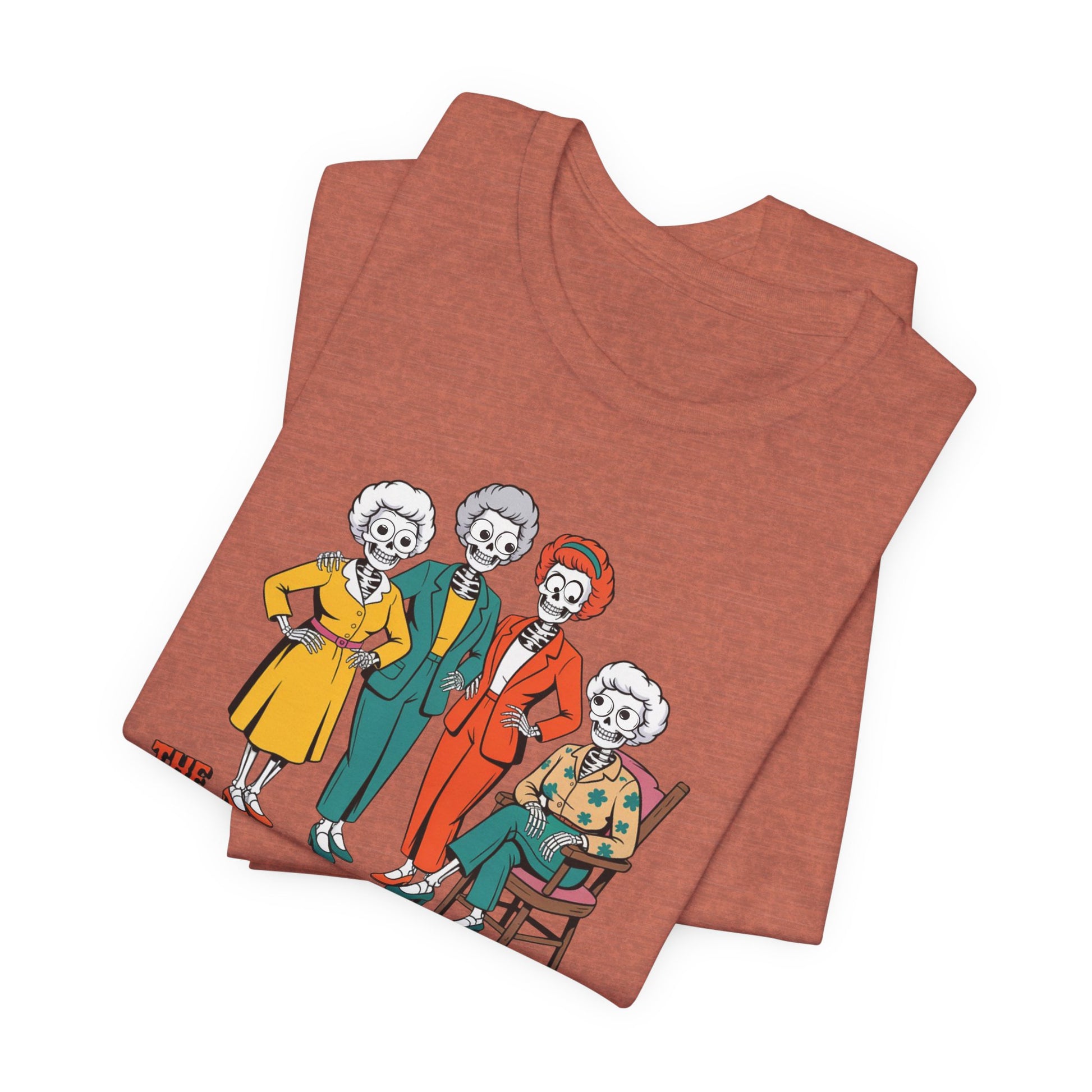Stack of red t-shirts with cartoon skeleton characters on a white background   Golden Girls, 80s TV, Halloween Tees