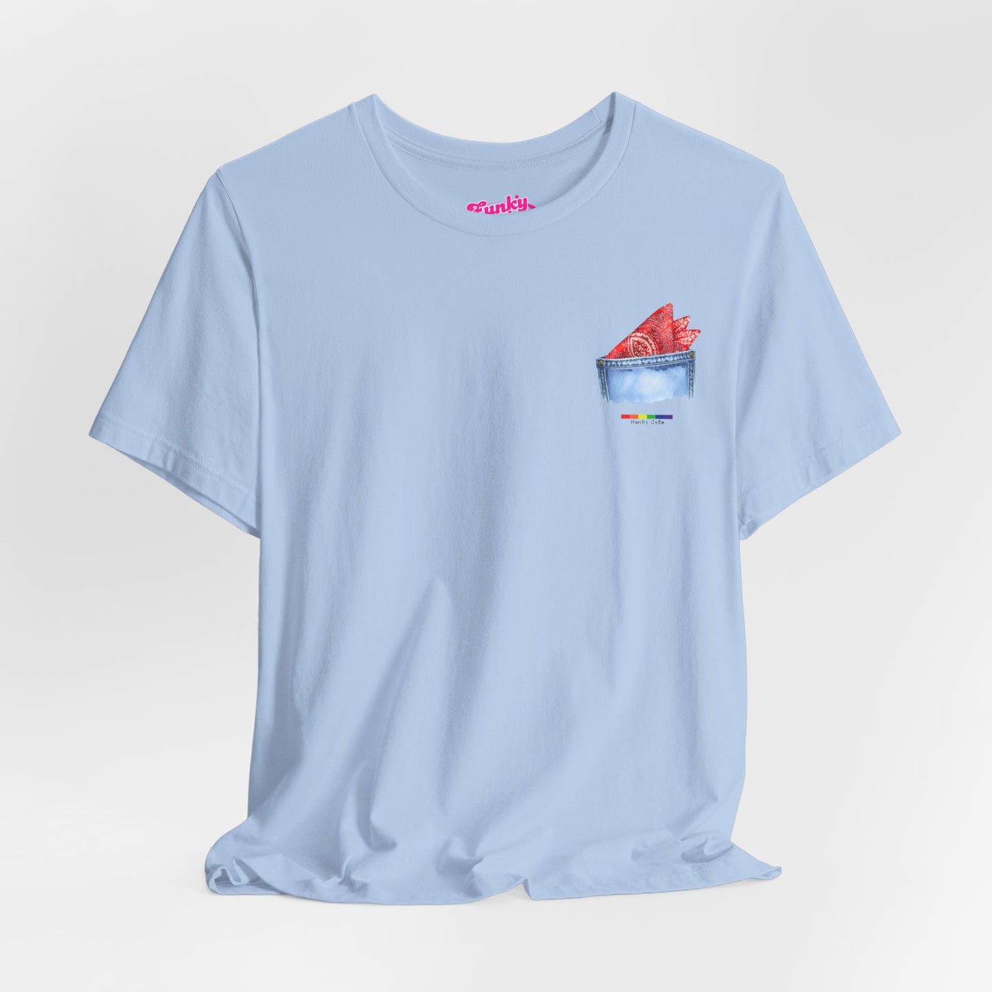 Baby Blue t-shirt with a small graphic of a pocket with a paisley print hanky tucked inside. it features the LGBT rainbow colours and the words Hanky Code