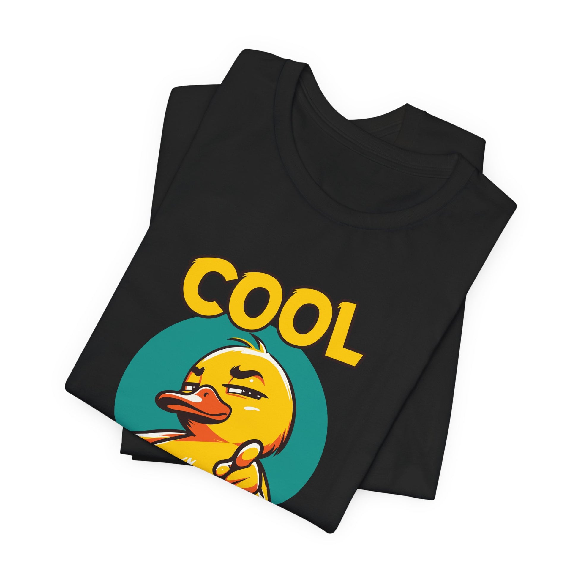 Black t-shirt with a yellow duck and 'COOL' text on a white background