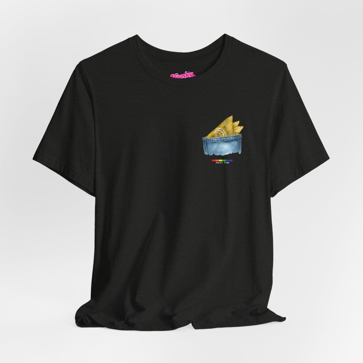 Black t-shirt with a small graphic of a pocket with a paisley print hanky tucked inside. it features the LGBT rainbow colours and the words Hanky Code