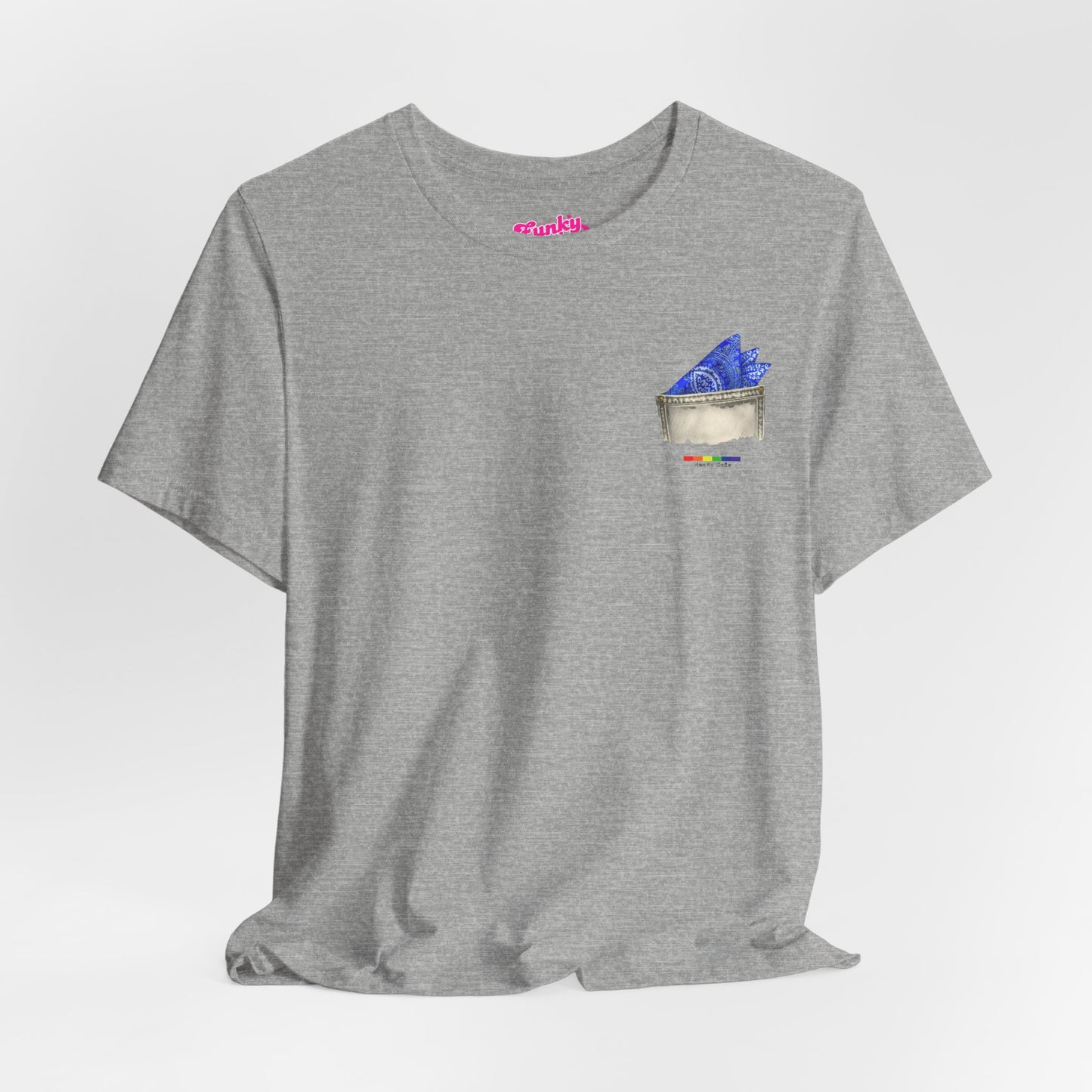 Grey t-shirt with a small graphic of a pocket with a paisley print hanky tucked inside. it features the LGBT rainbow colours and the words Hanky Code