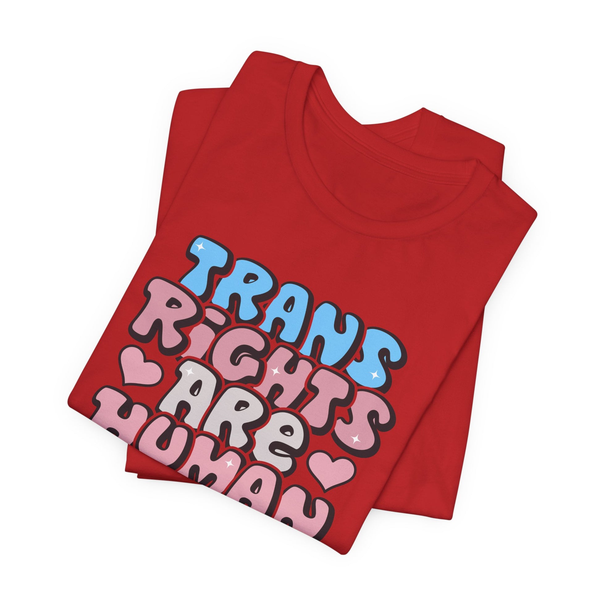 Red t-shirt with 'Trans Rights Are Human' text on a white background LGBTQIA+, Queer, Trans rights