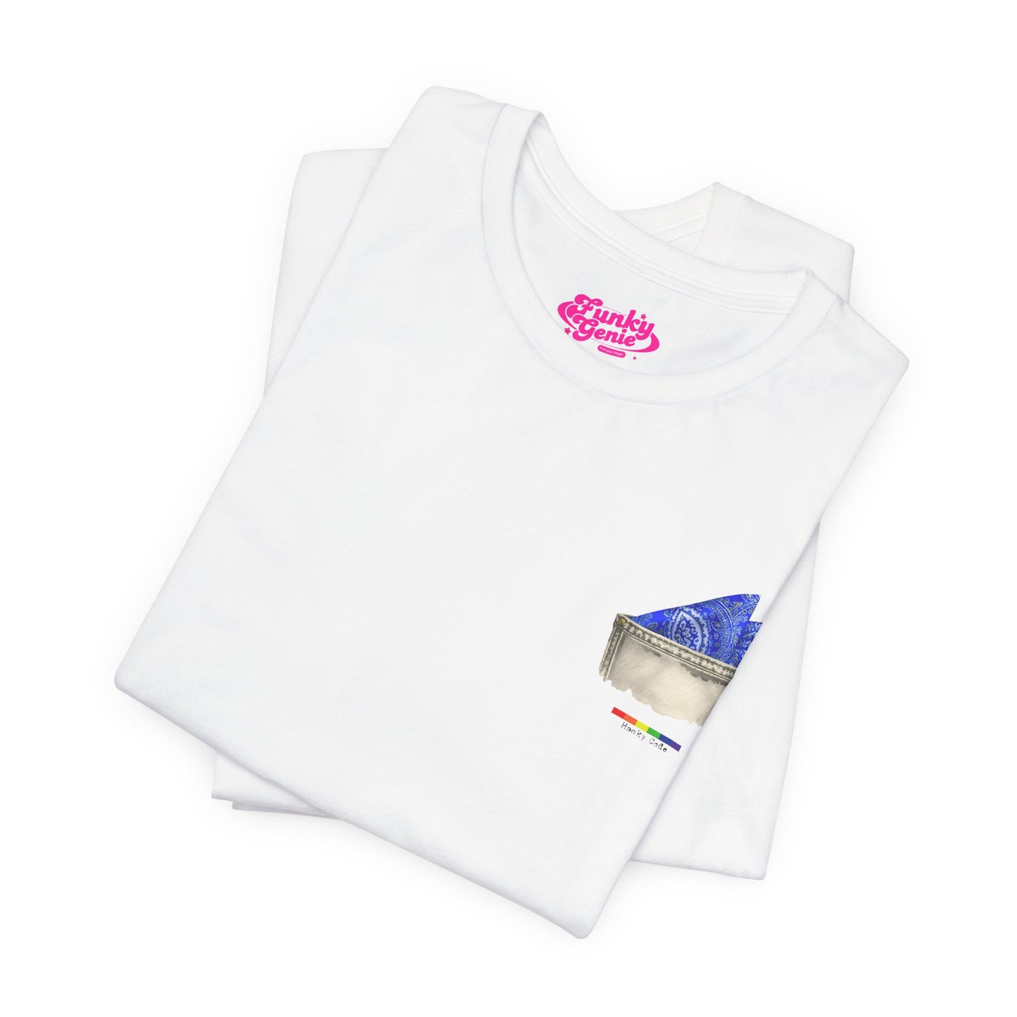 White t-shirt with a small graphic of a pocket with a paisley print hanky tucked inside. it features the LGBT rainbow colours and the words Hanky Code