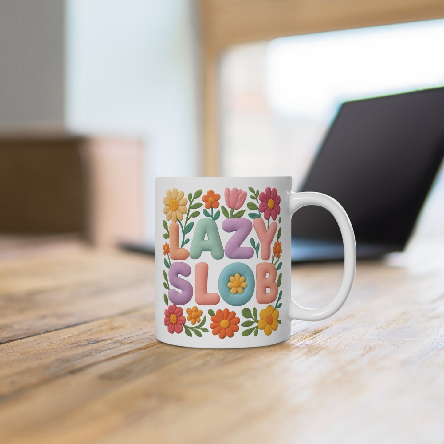 Funny Floral Ceramic Mug - "Lazy Slob" Coffee Cup