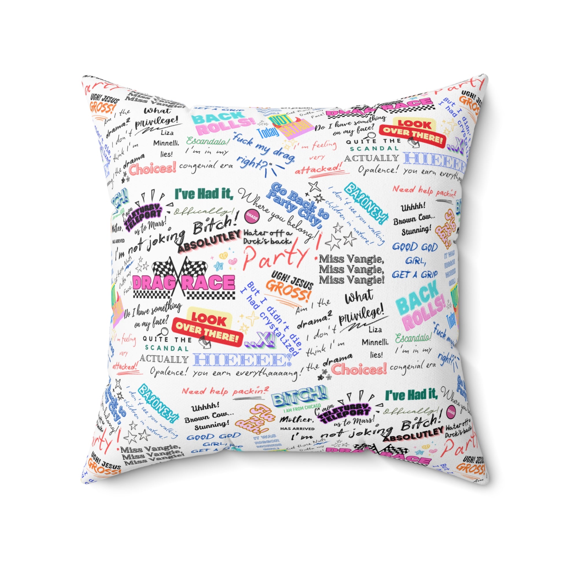 Drag Race US Queens Quotes Pillow for Fun Home Decor, Couch Cushion, Gift for Drag Race Fanatic.
