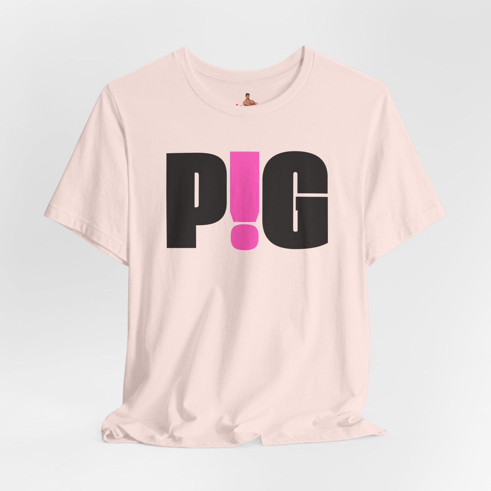 Pink t-shirt with black and pink text on a light gray background Kink, LGBTQIA+, Queer Sub Dom Pig, Piggy