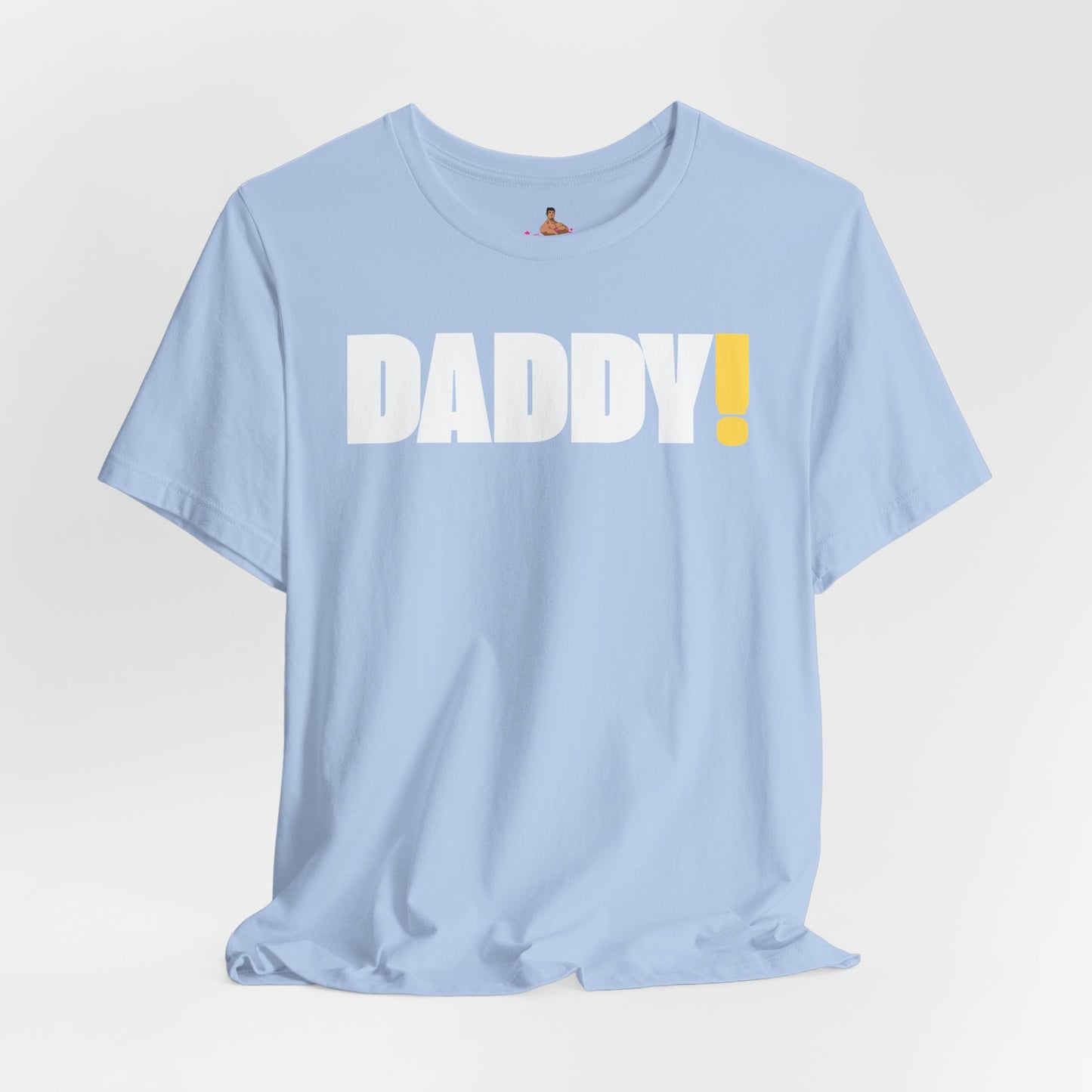 Man wearing a black t-shirt with 'DADDY!' text against a dark background LGBTQIA+ Kink Positive