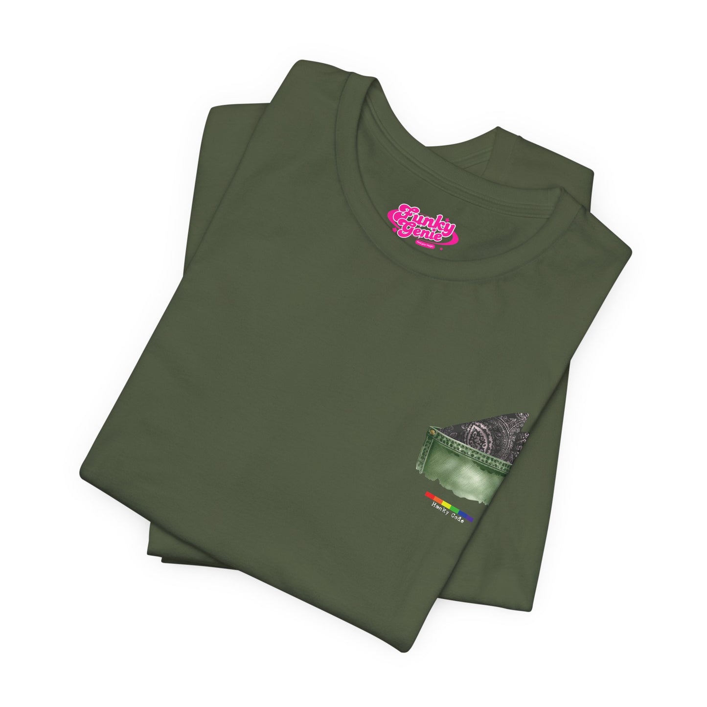 Green t-shirt with a small graphic of a pocket with a paisley print hanky tucked inside. it features the LGBT rainbow colours and the words Hanky Code