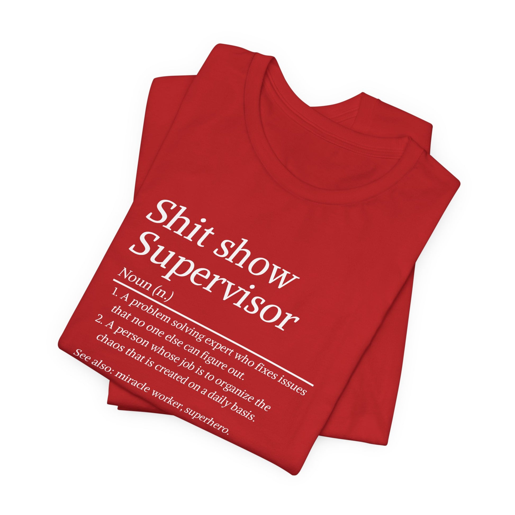 Red t-shirt with text design on a white background