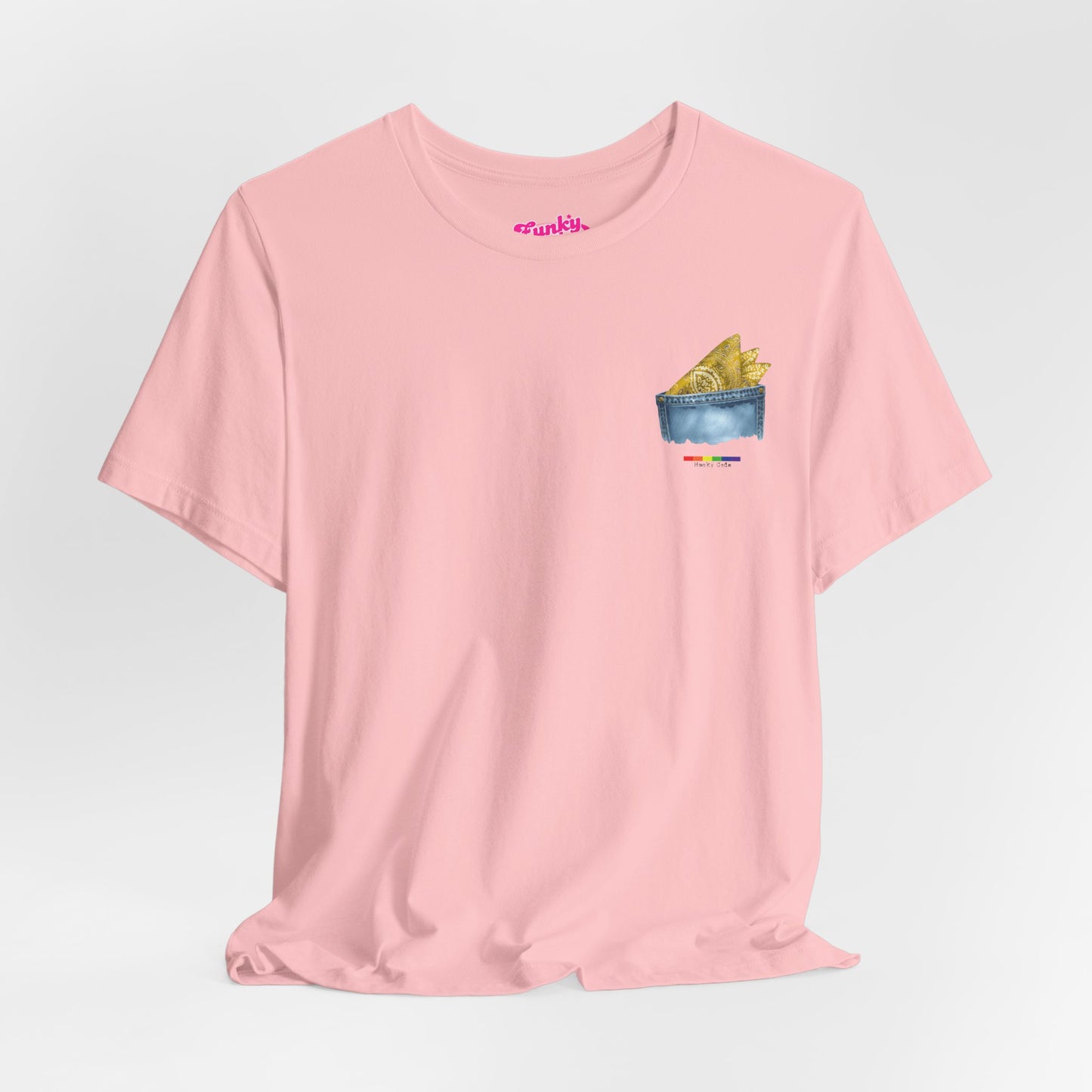 Pink t-shirt with a small graphic of a pocket with a paisley print hanky tucked inside. it features the LGBT rainbow colours and the words Hanky Code
