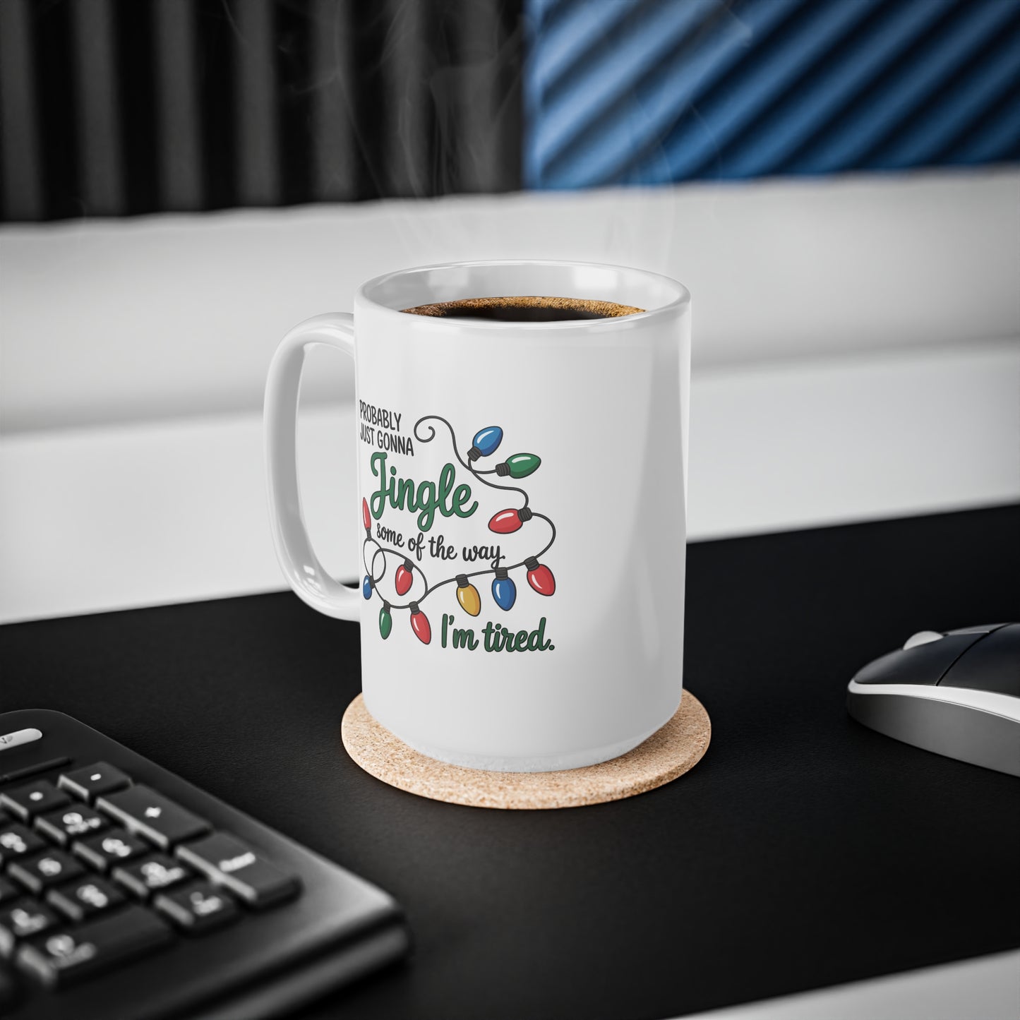 White mug with Christmas lights and text design on a white background Festive Ceramic Coffee Cups for Holiday Moods, Perfect for Christmas, Gift, Decor, Coffee Lovers