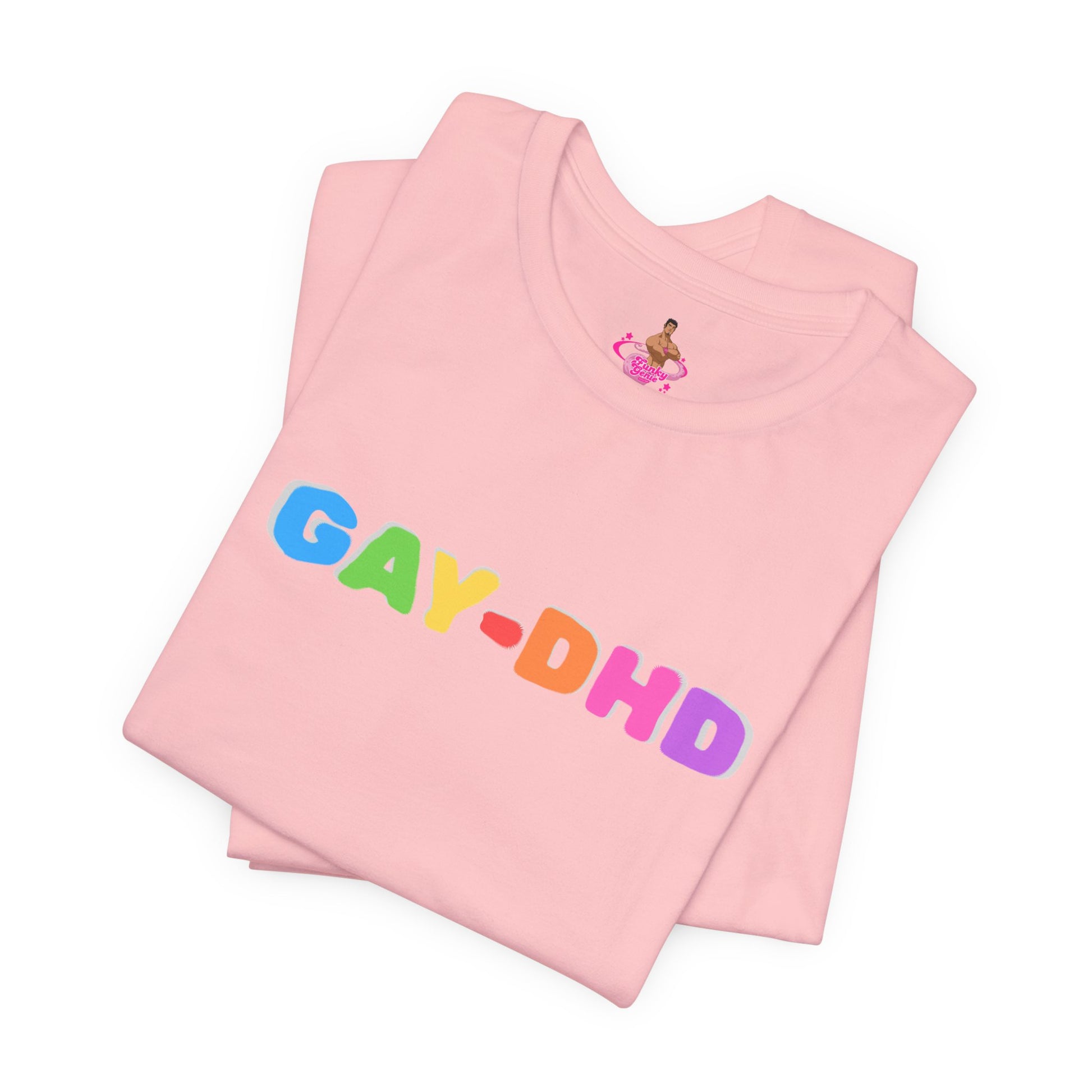 Pink t-shirt with colorful 'GAY-DHD' text and small graphic on a white background