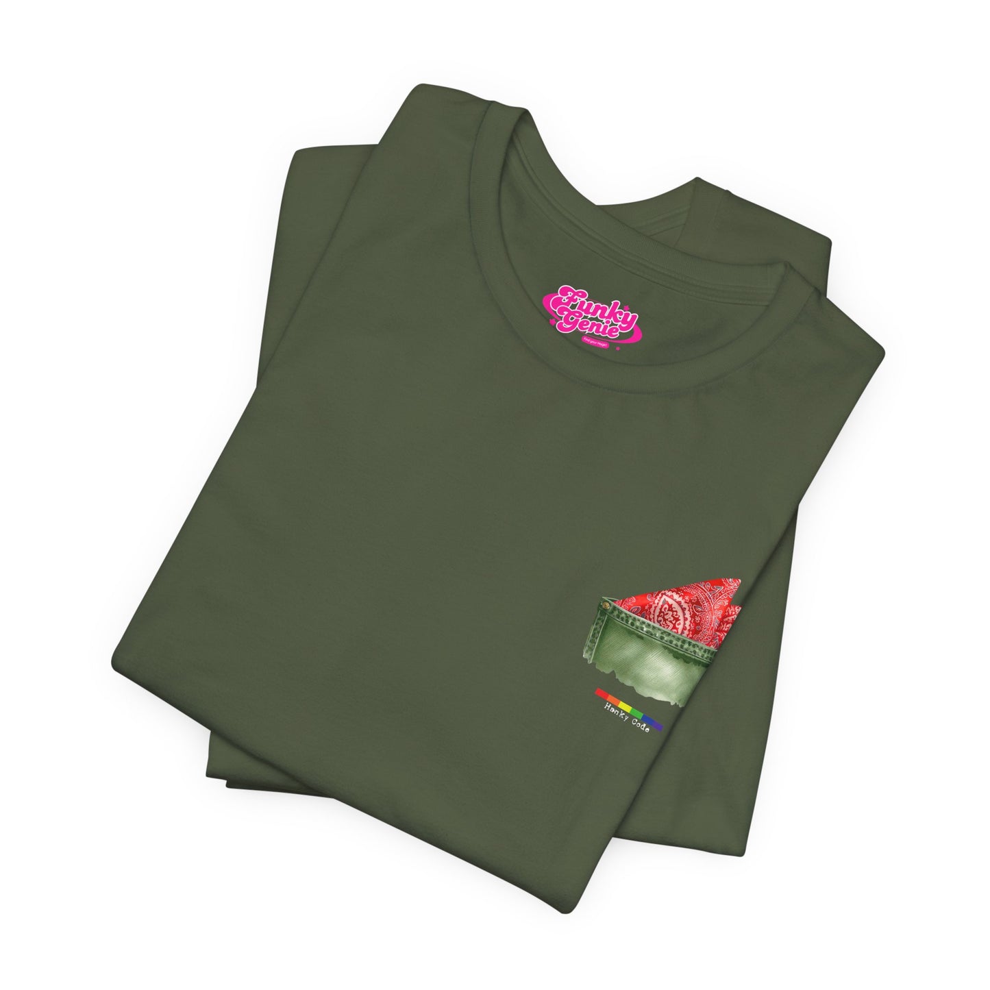 Green t-shirt with a small graphic of a pocket with a paisley print hanky tucked inside. it features the LGBT rainbow colours and the words Hanky Code