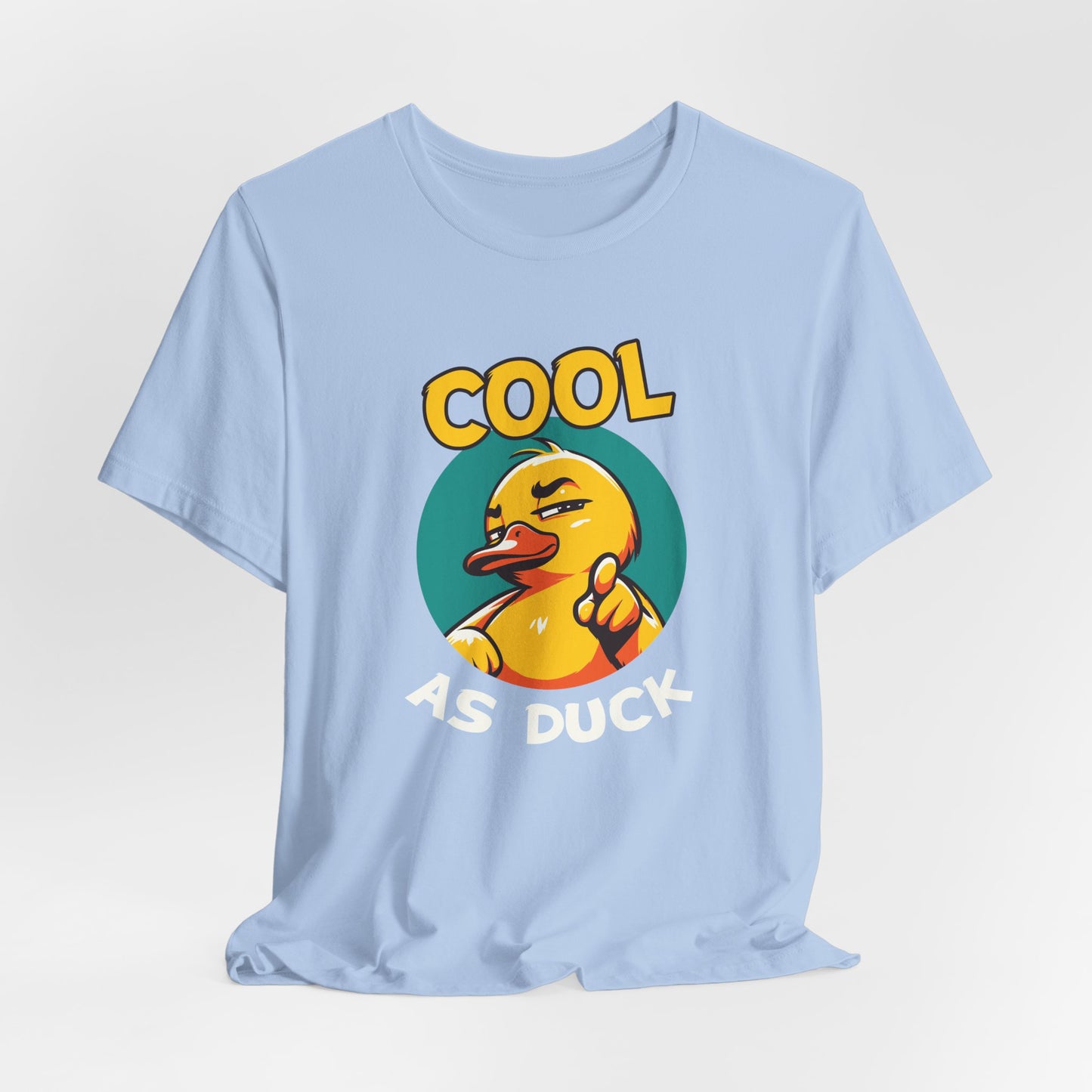 Light blue t-shirt with a graphic of a duck and text 'Cool as Duck' on a light gray background