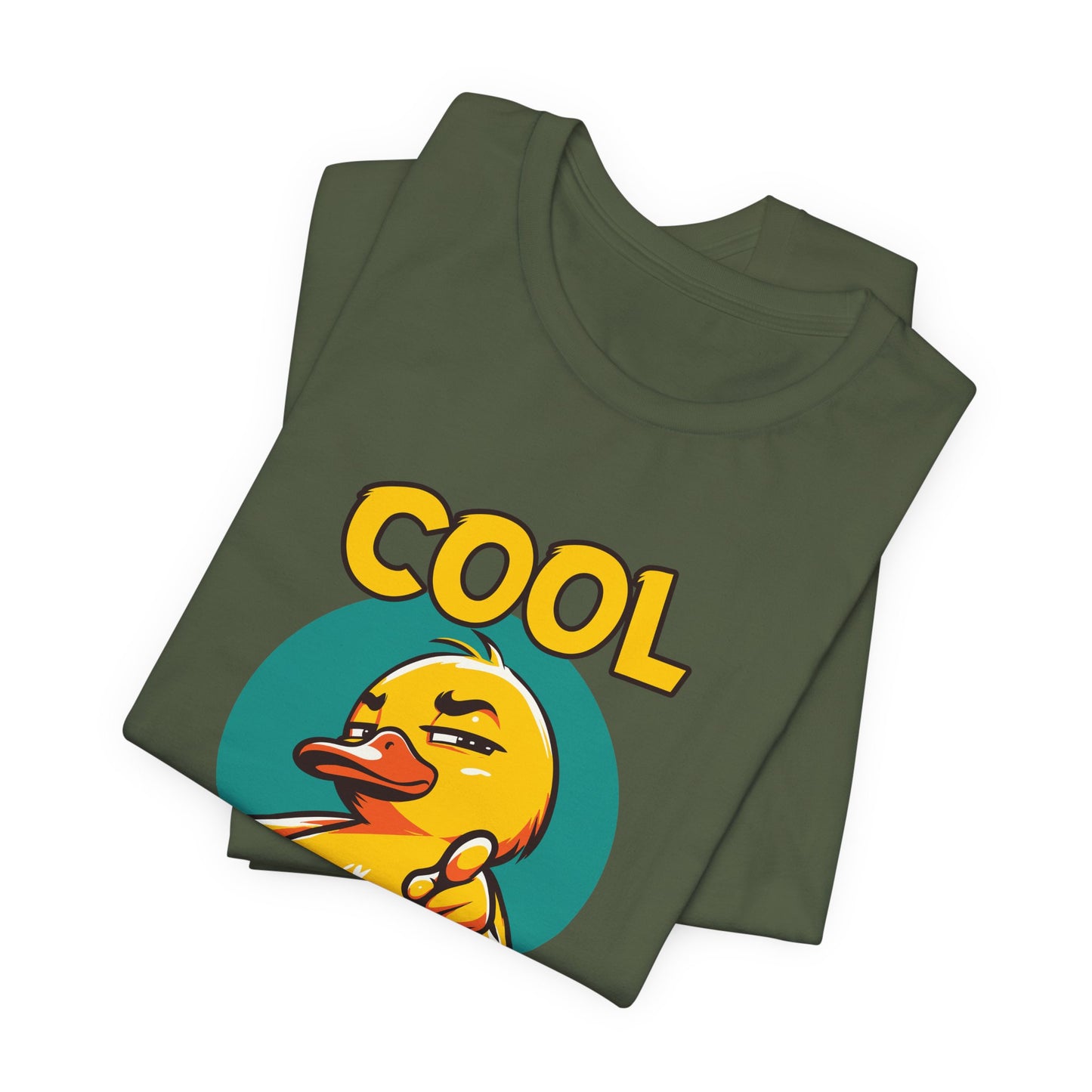 Folded green t-shirt with a yellow duck and 'COOL' text on a white background