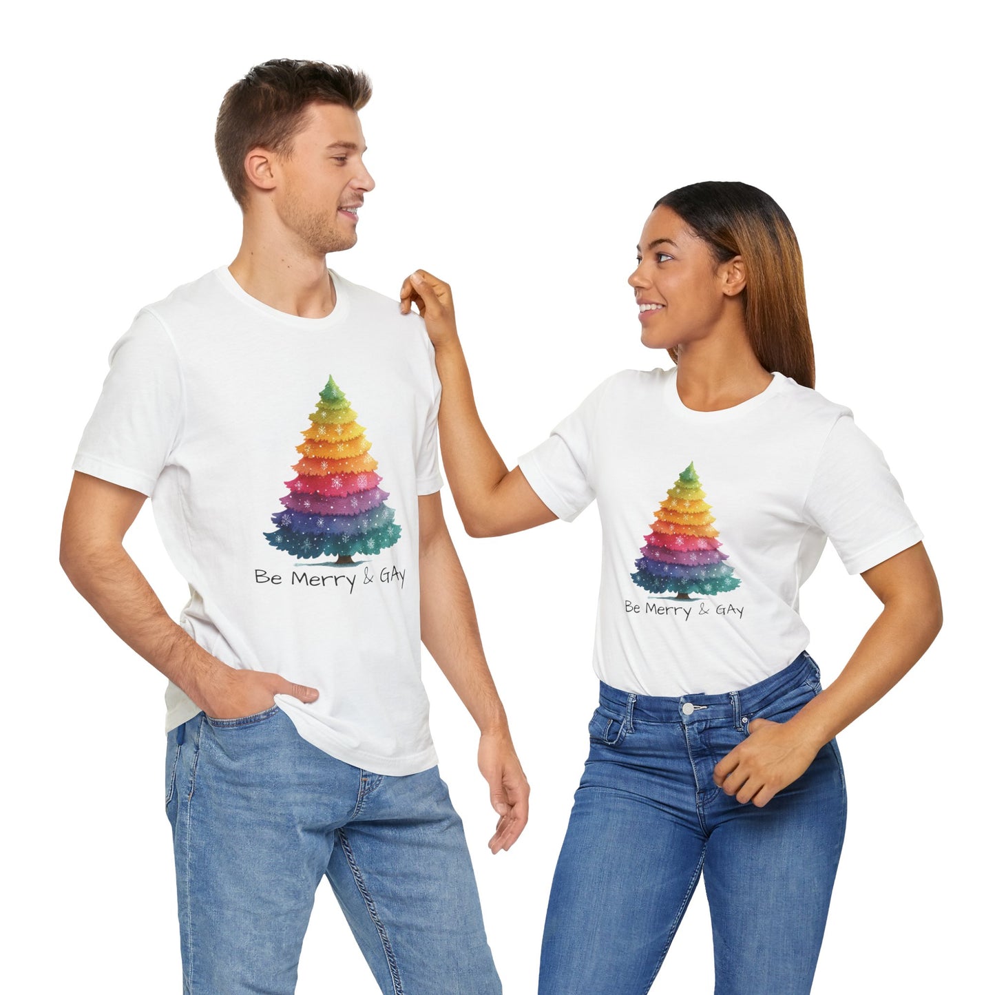 Festive LGBTQ+ Short Sleeve Tee, Be Merry & Gay T-Shirt, Pride Apparel, Christmas Gift, Holiday Top, Unisex Graphic Tee.