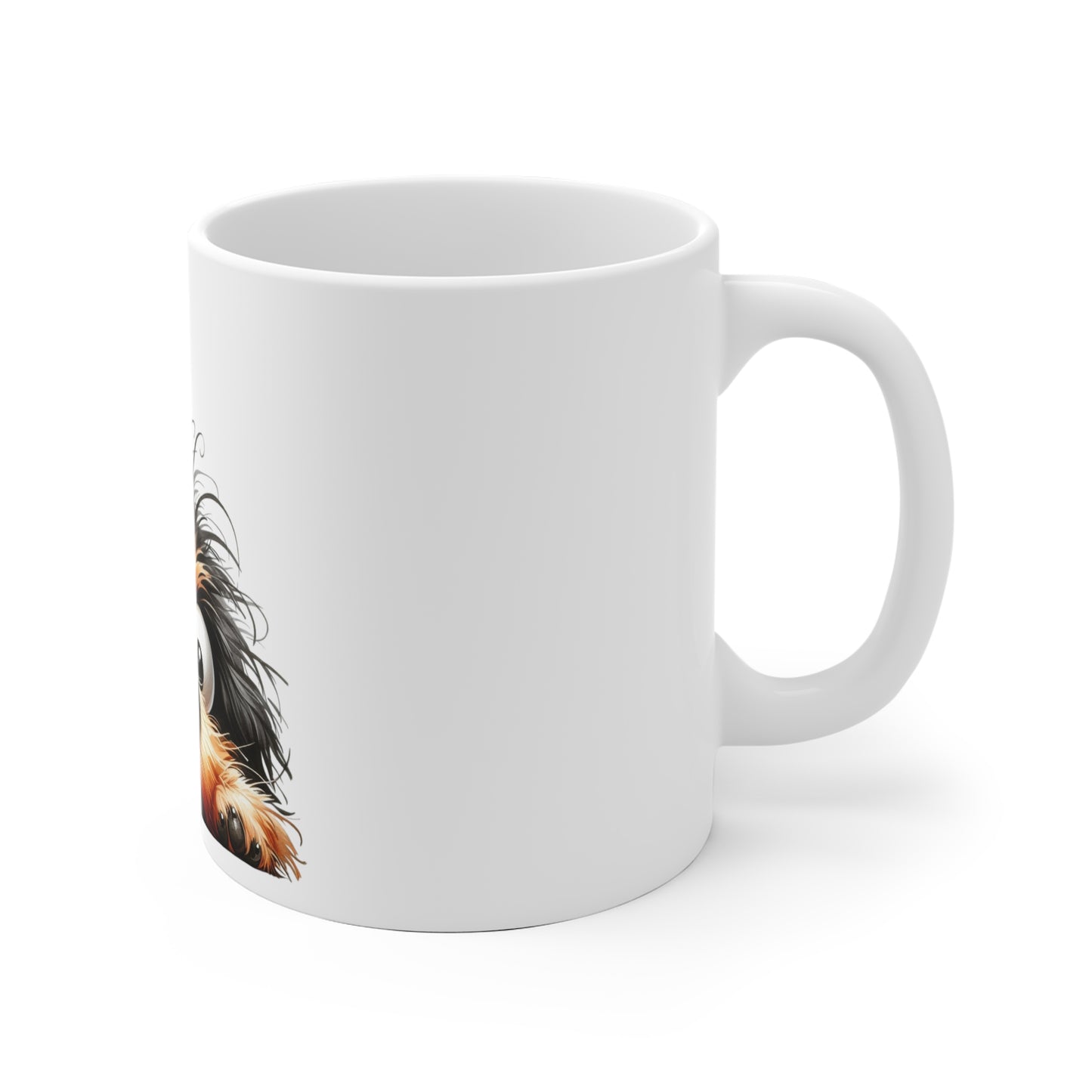 White mug with a feather design on a white background