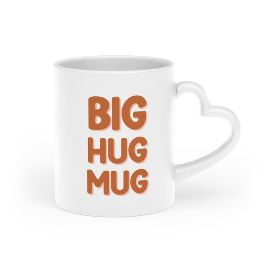 White mug with 'BIG HUG MUG' text in brown on a white background