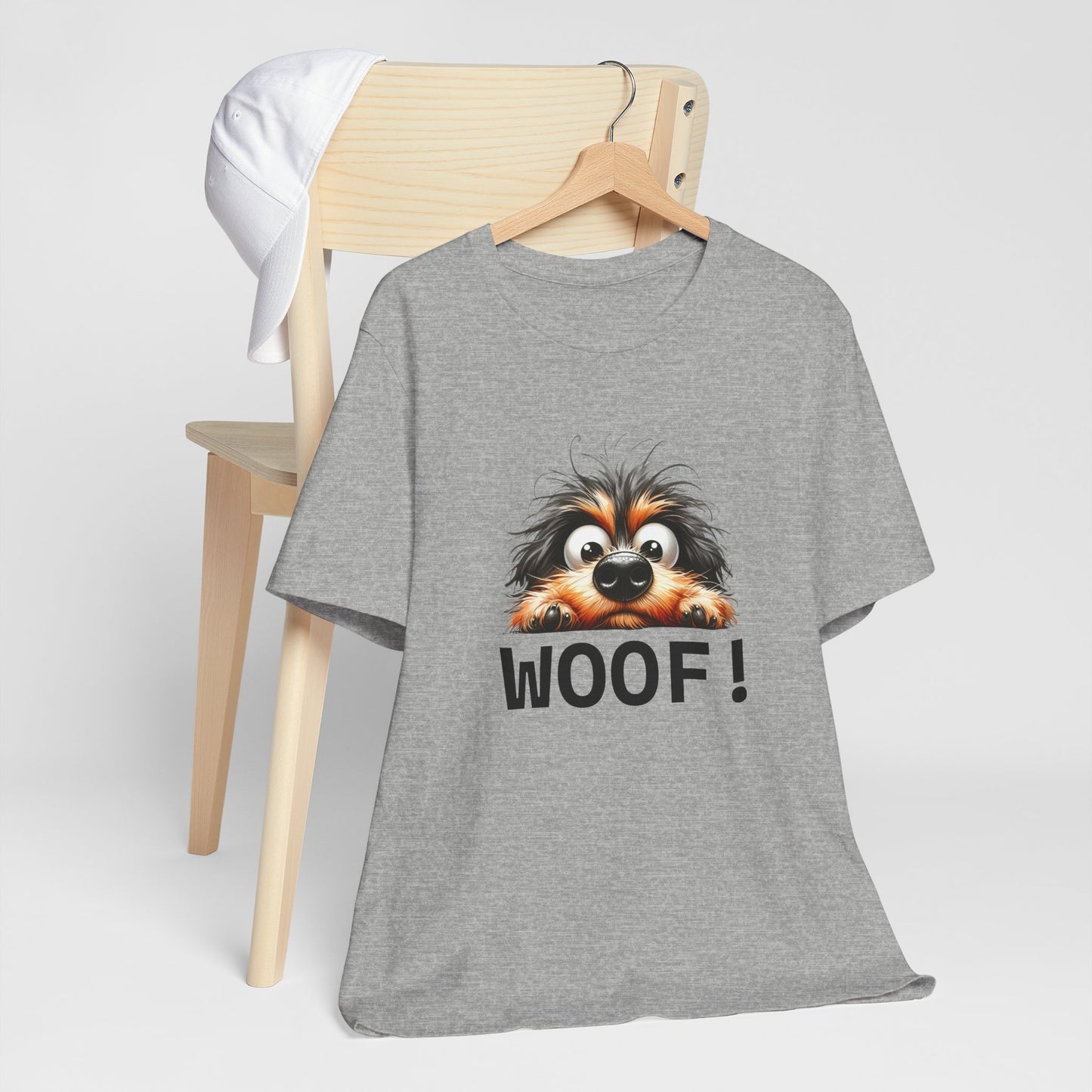 Gray t-shirt with a cartoon dog and 'WOOF!' text on a white background