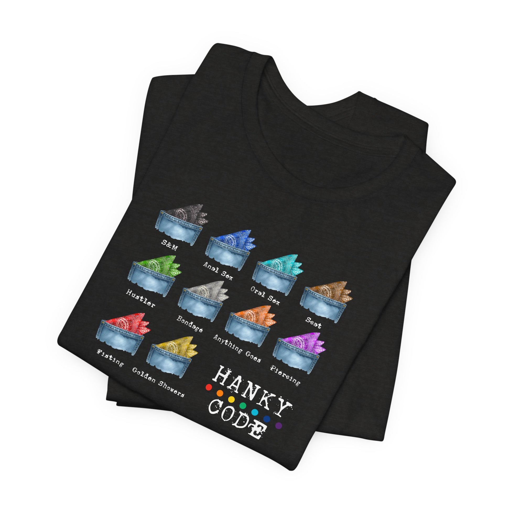 Black t-shirt with a selection of small graphic images of pockets with a paisley print hankies tucked inside. it features the LGBT rainbow colours and the words Hanky Code