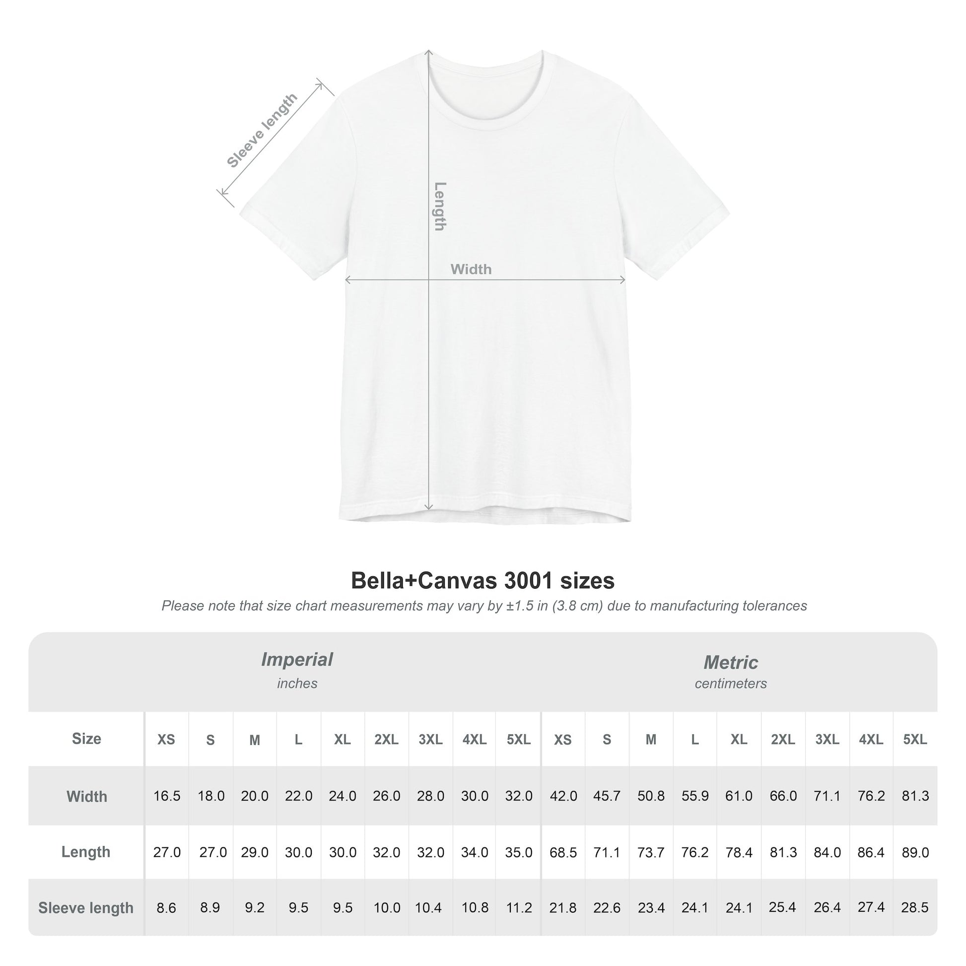 White t-shirt with measurement chart on a white background