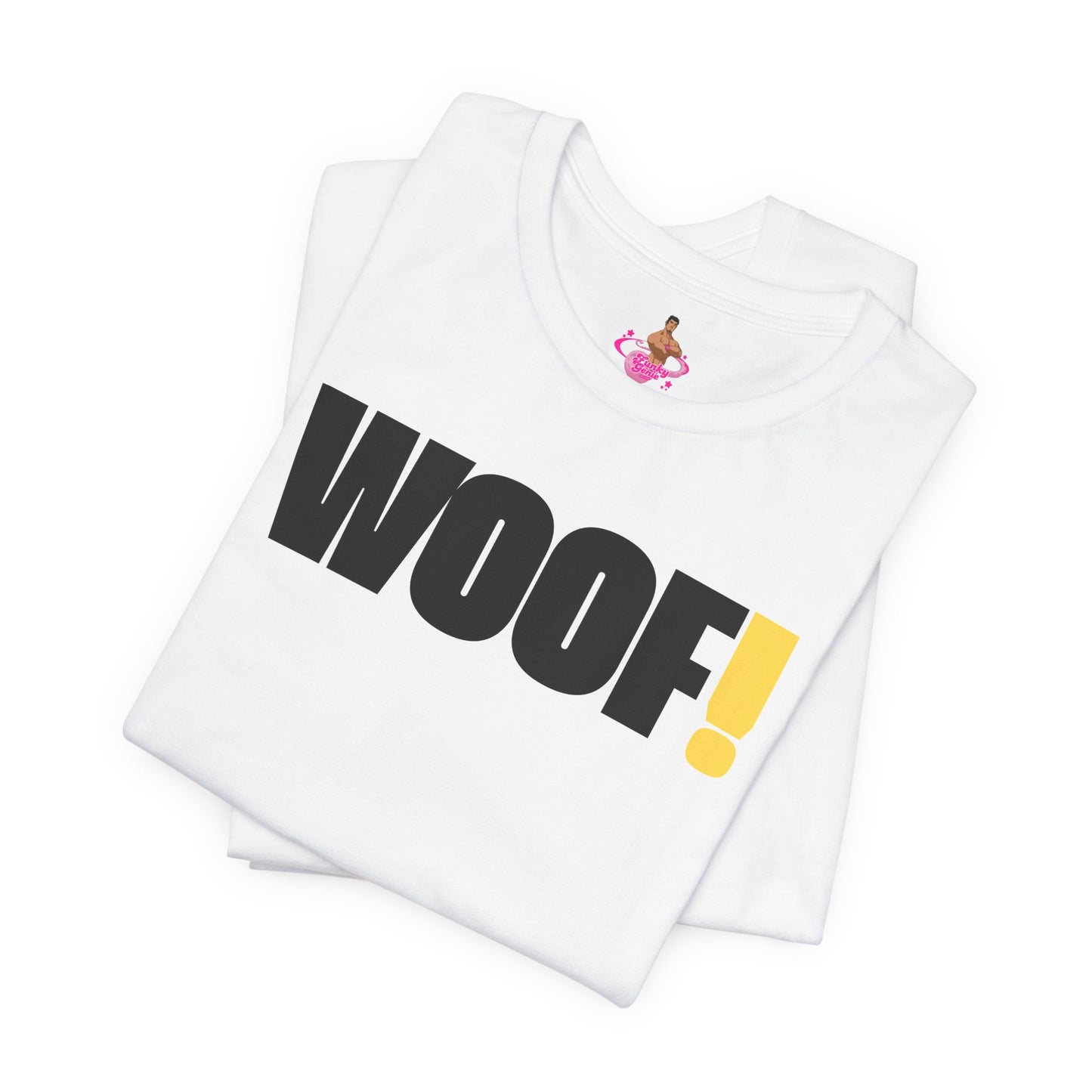 Man wearing a black t-shirt with 'WOOF!' text against a dark background LGBTQIA+ QUEER, Kink Positive