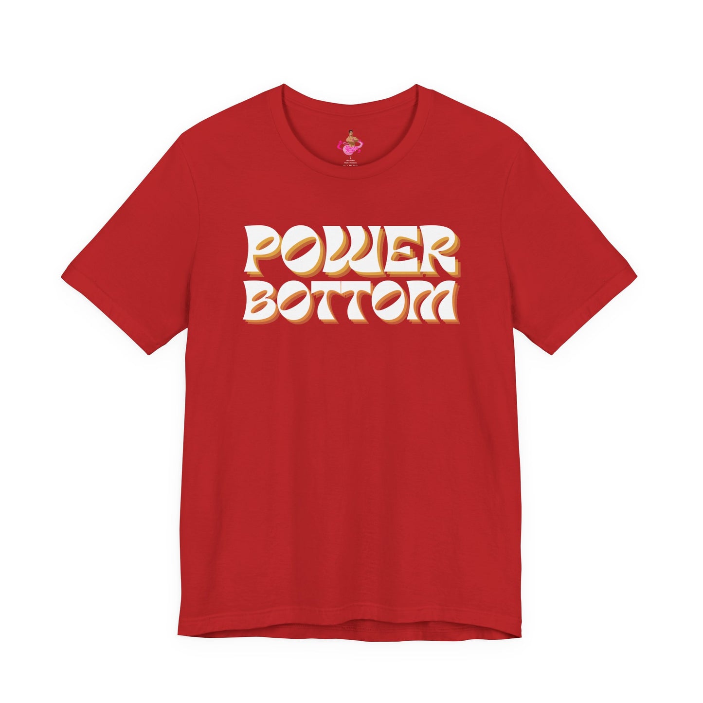 Red t-shirt with 'POWER BOTTOM' text on a white backgroundKink, LGBTQIA+, Queer Sub Dom 