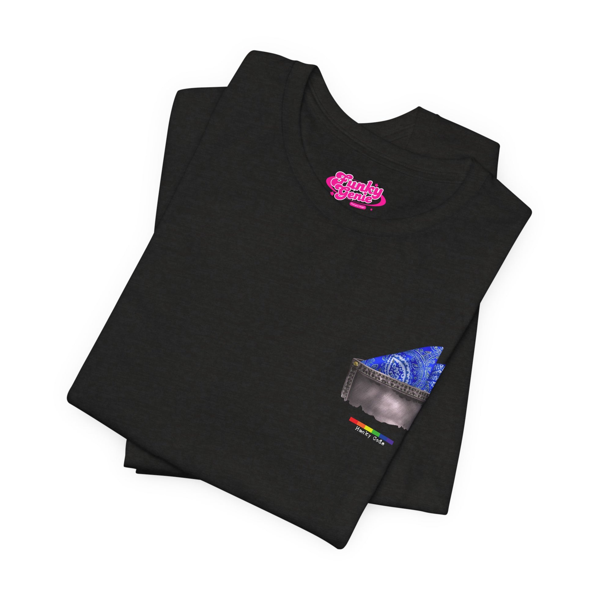 Black t-shirt with a small graphic of a pocket with a paisley print hanky tucked inside. it features the LGBT rainbow colours and the words Hanky Code