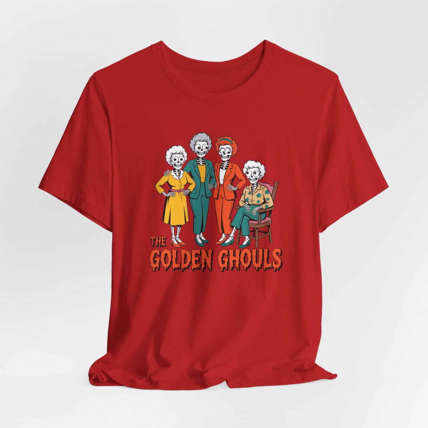 Red t-shirt with 'The Golden Ghouls' graphic design on a white background   Golden Girls, 80s TV, Halloween Tees