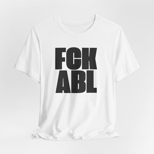 White t-shirt with black text on a white background