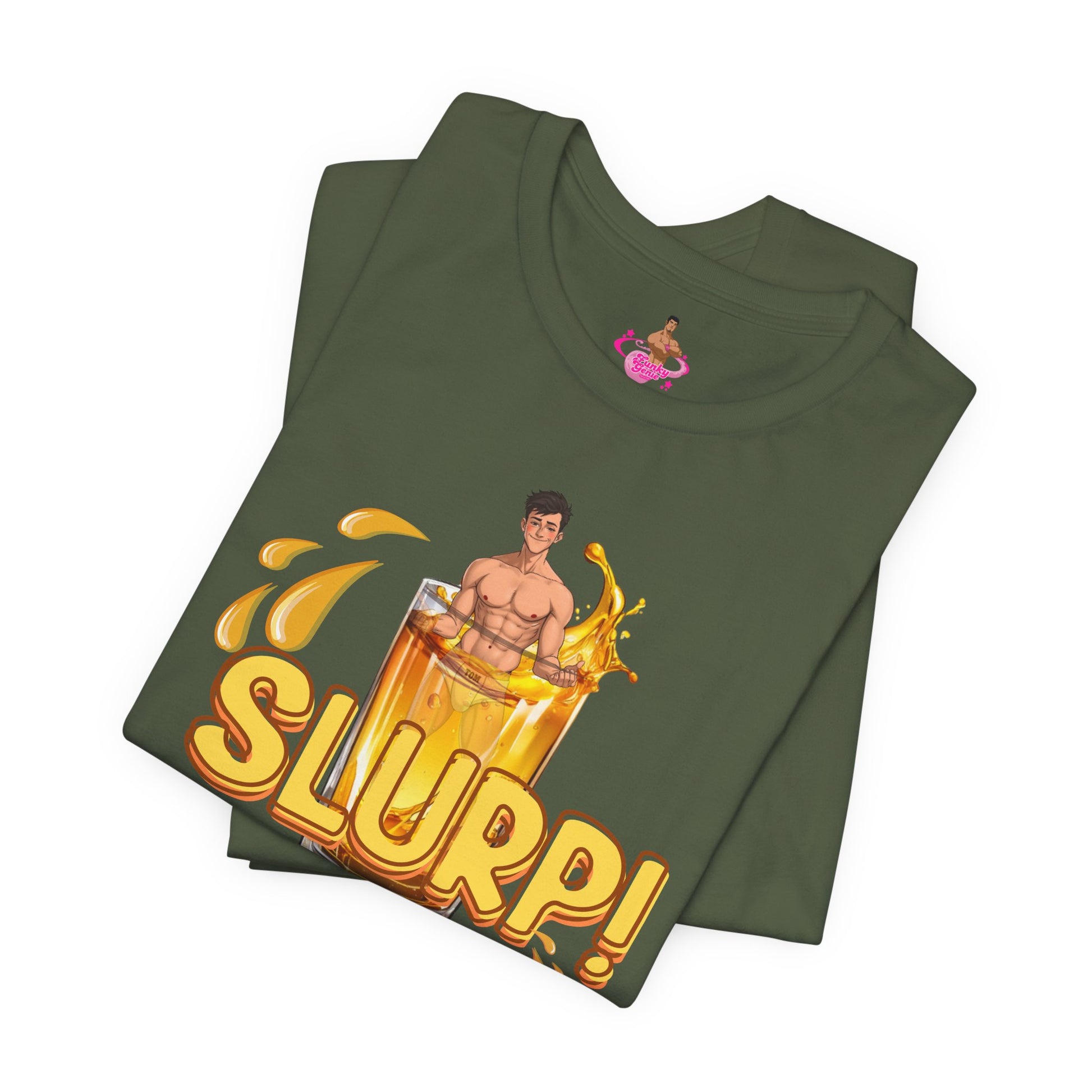 Green t-shirt with a graphic design of a person inside  a glass of yellow liquid with 'SLURP!' text on a. Watersports, piss play, Kink, LGBTQIA+
