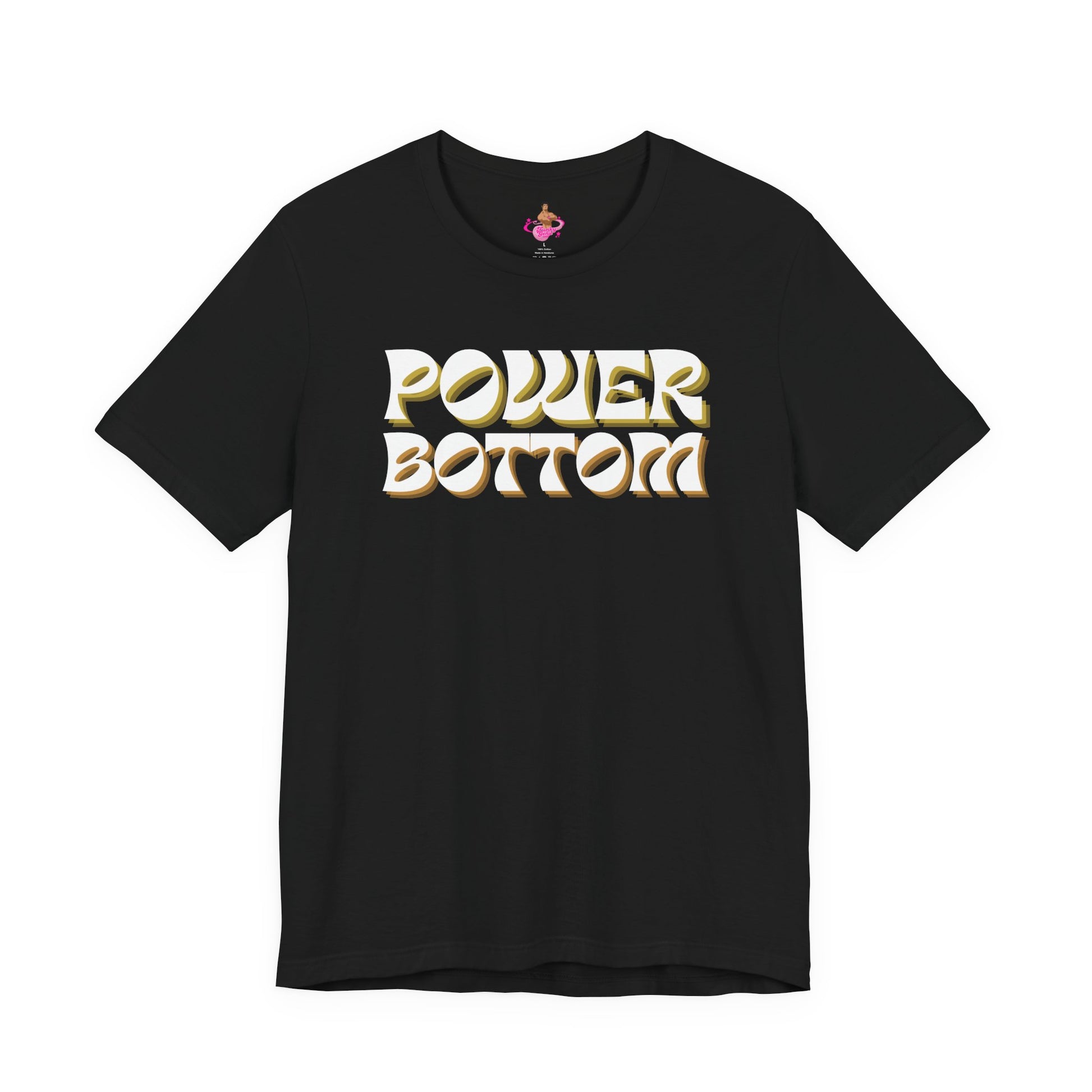 Black t-shirt with 'POWER BOTTOM' text on a white backgroundKink, LGBTQIA+, Queer Sub Dom 