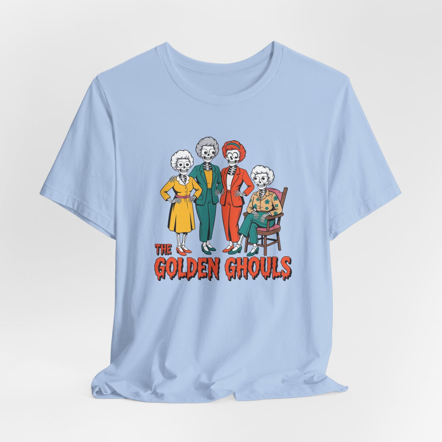 Light blue t-shirt with 'The Golden Ghouls' graphic design on a white background   Golden Girls, 80s TV, Halloween Tees