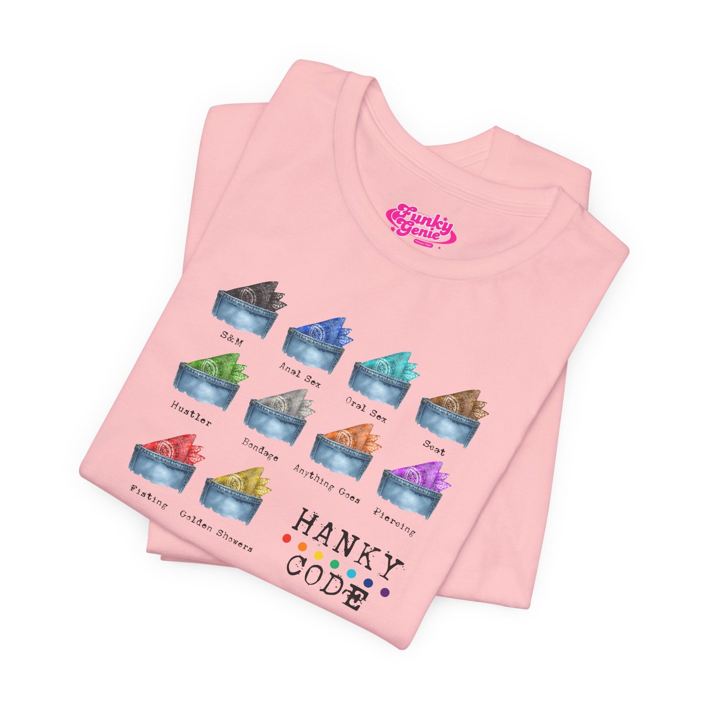 Pink t-shirt with a selection of small graphic images of pockets with a paisley print hankies tucked inside. it features the LGBT rainbow colours and the words Hanky Code