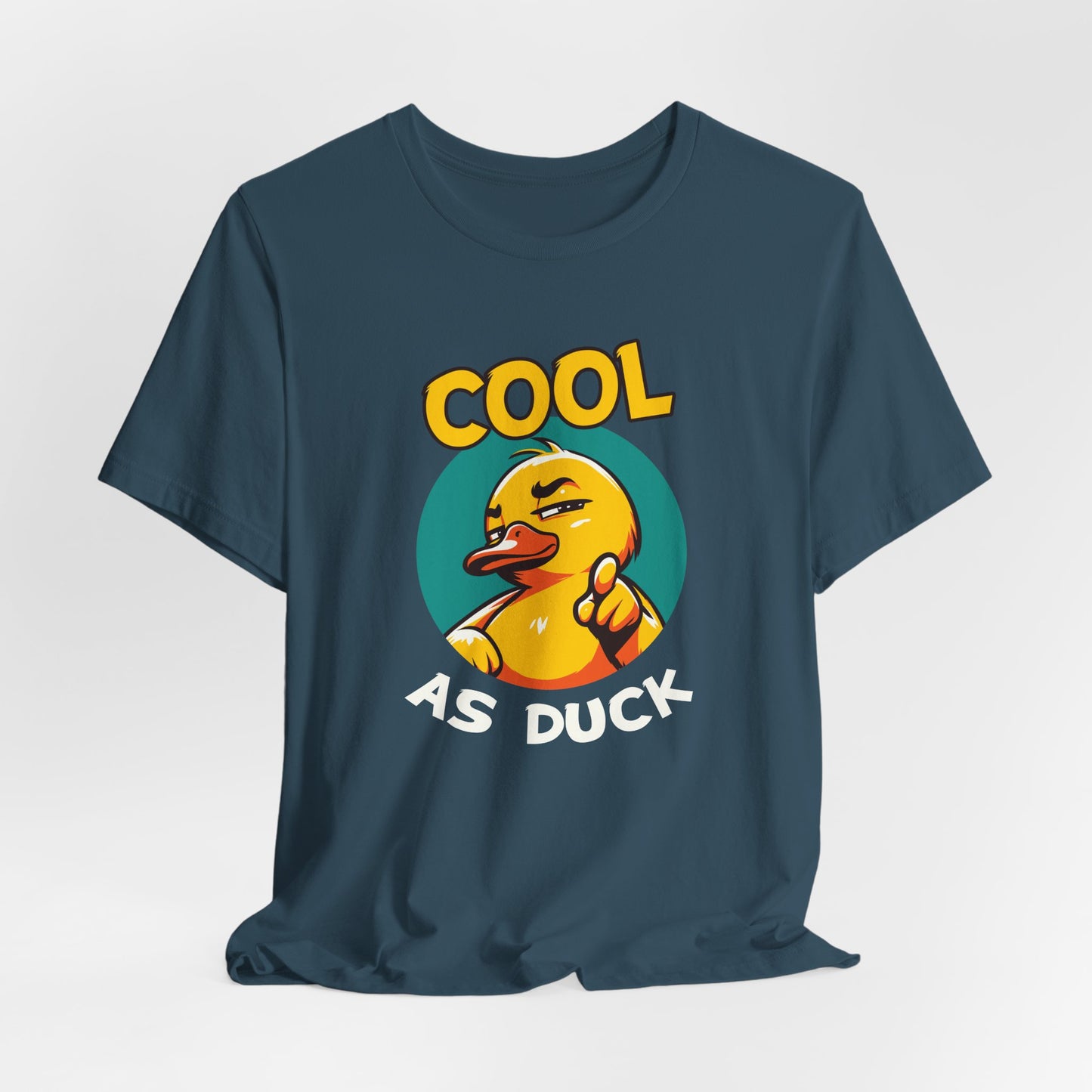 Navy blue t-shirt with a duck graphic and 'Cool as Duck' text on a white background