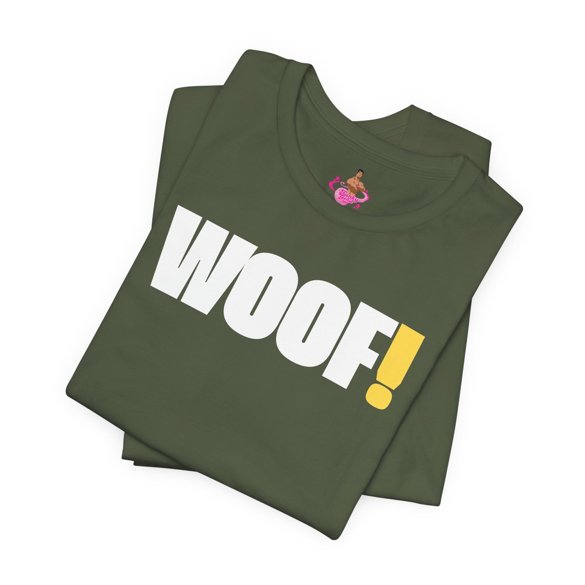 Man wearing a black t-shirt with 'WOOF!' text against a dark background LGBTQIA+ QUEER, Kink Positive